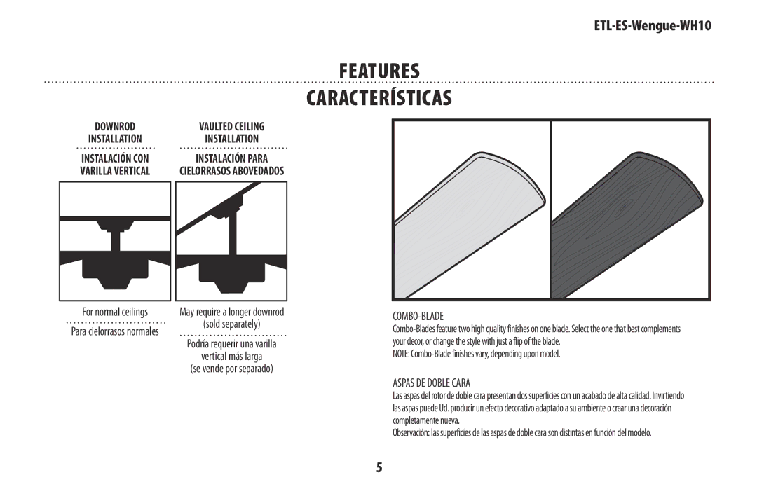 Wenger WH10 owner manual Features Características, Combo-Blade, Aspas DE Doble Cara 