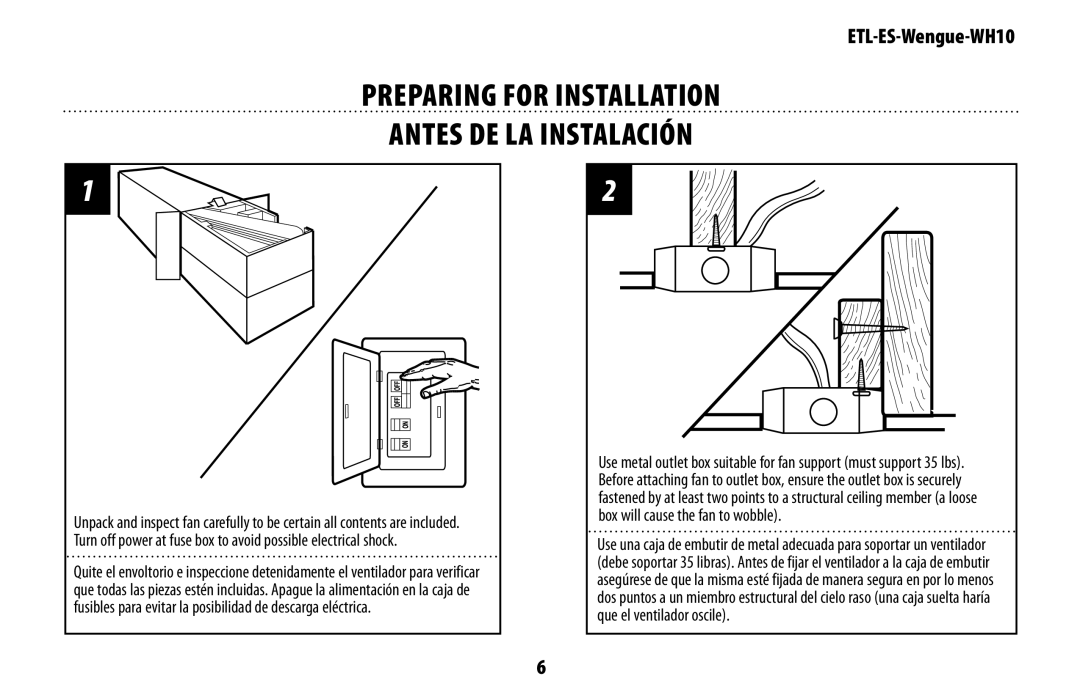 Wenger WH10 owner manual PREPARING for installation Antes de la instalación 