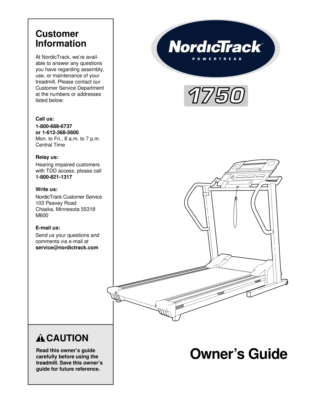 Weslo 1750 manual Customer Information 