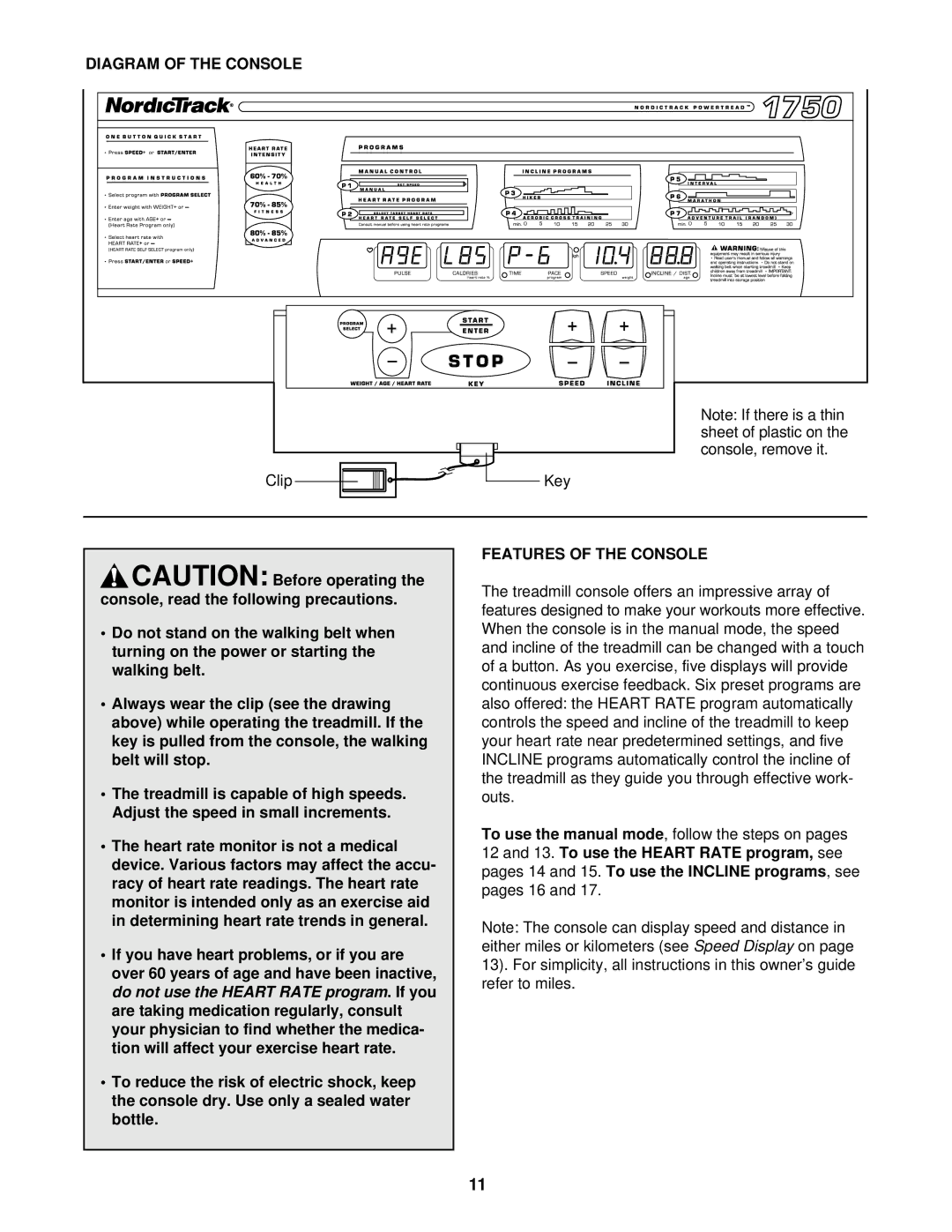 Weslo 1750 manual Diagram of the Console, Features of the Console, To use the Heart Rate program 