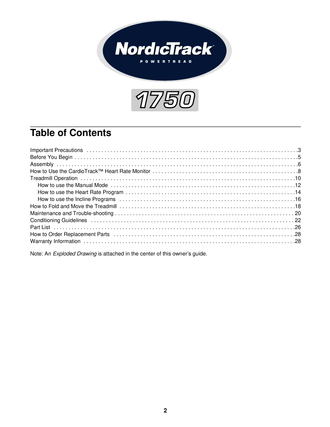 Weslo 1750 manual Table of Contents 