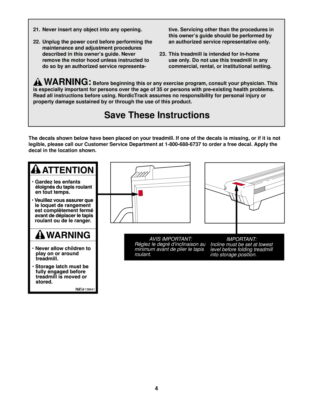 Weslo 1750 manual Never insert any object into any opening, Do so by an authorized service representa 