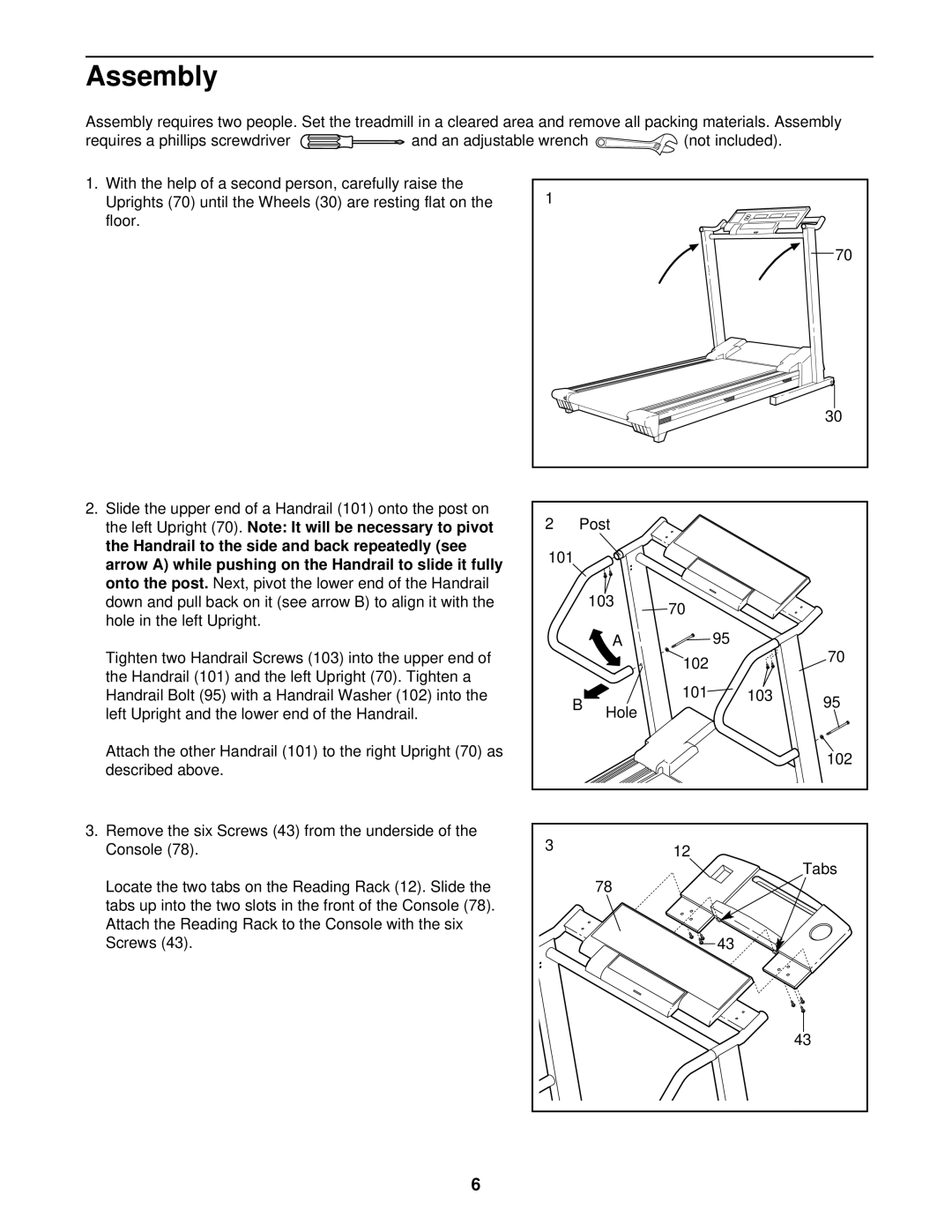 Weslo 1750 manual Assembly, Arrow a while pushing on the Handrail to slide it fully, Screws Post 101, 101 103 102 Tabs 