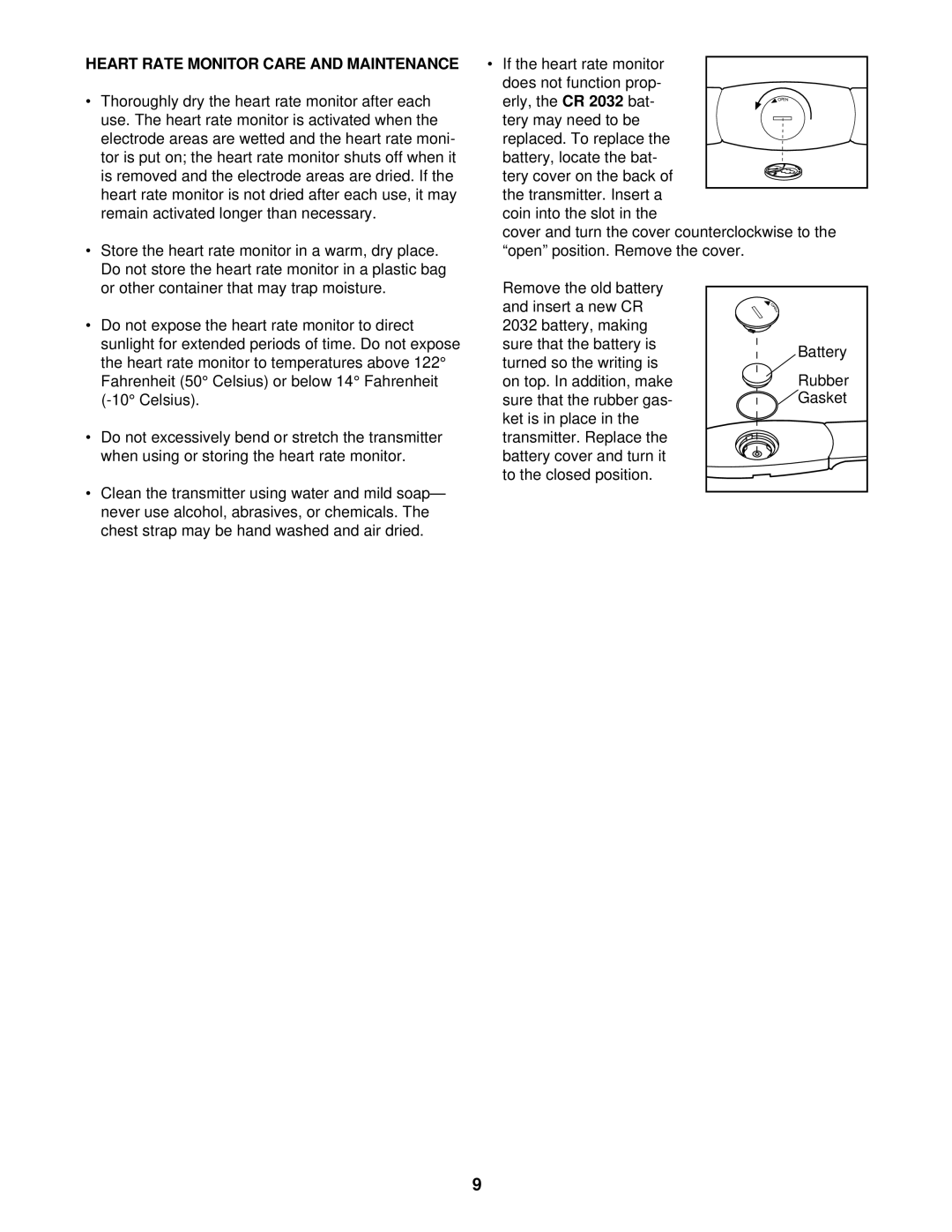 Weslo 1750 manual Heart Rate Monitor Care and Maintenance, Store the heart rate monitor in a warm, dry place, Battery 