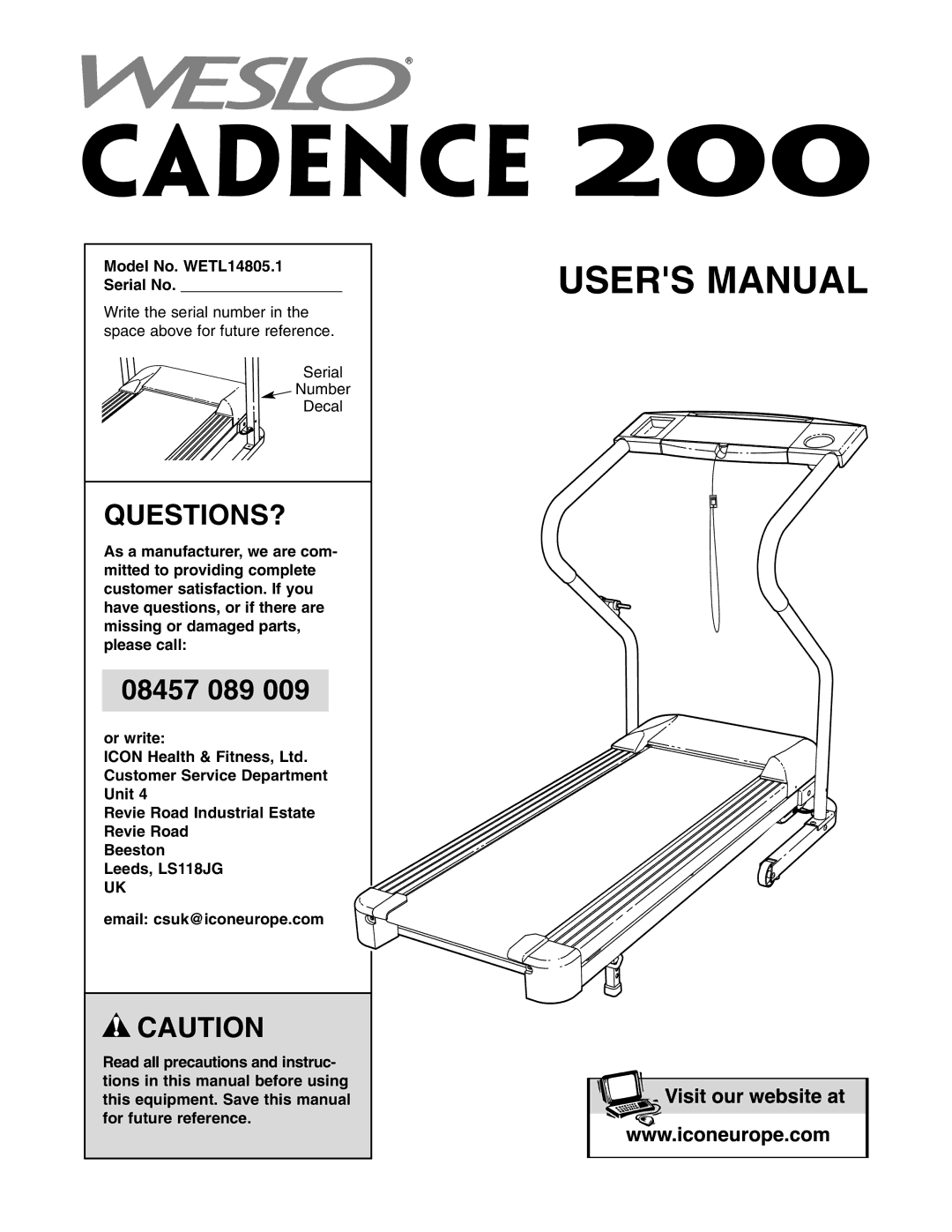 Weslo 200 user manual Questions?, Model No. WETL14805.1 Serial No 