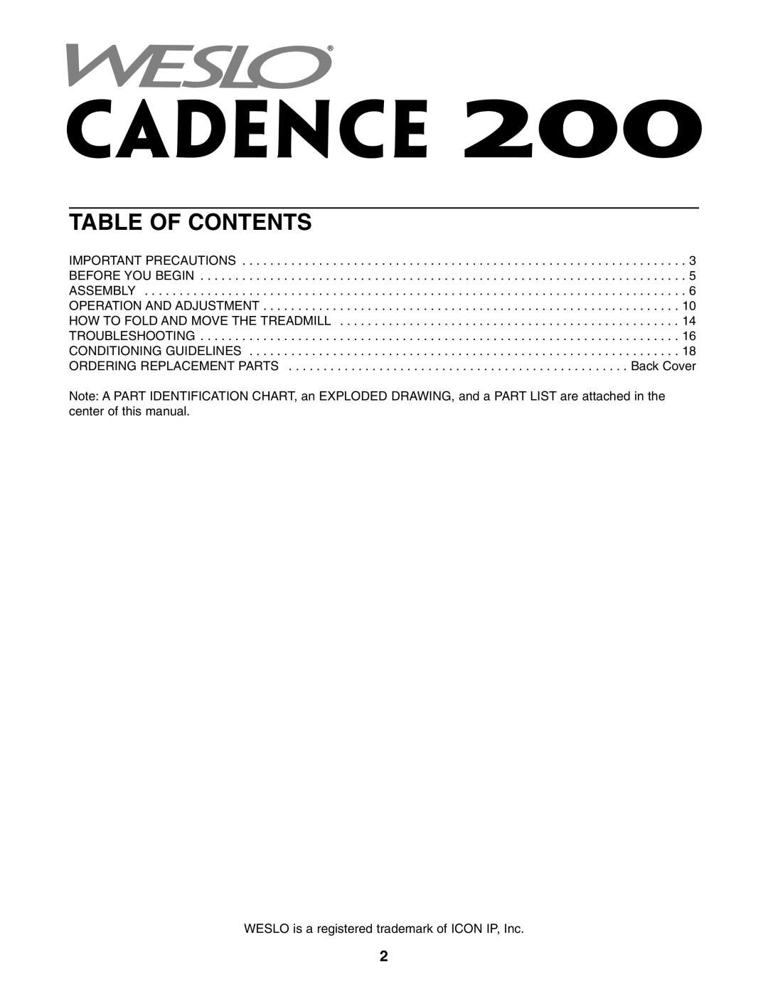 Weslo 200 user manual Table of Contents 