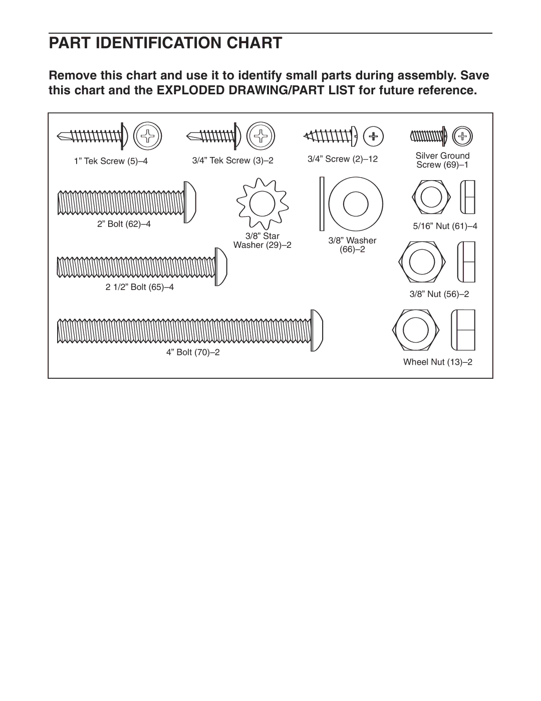 Weslo 200 user manual Part Identification Chart 