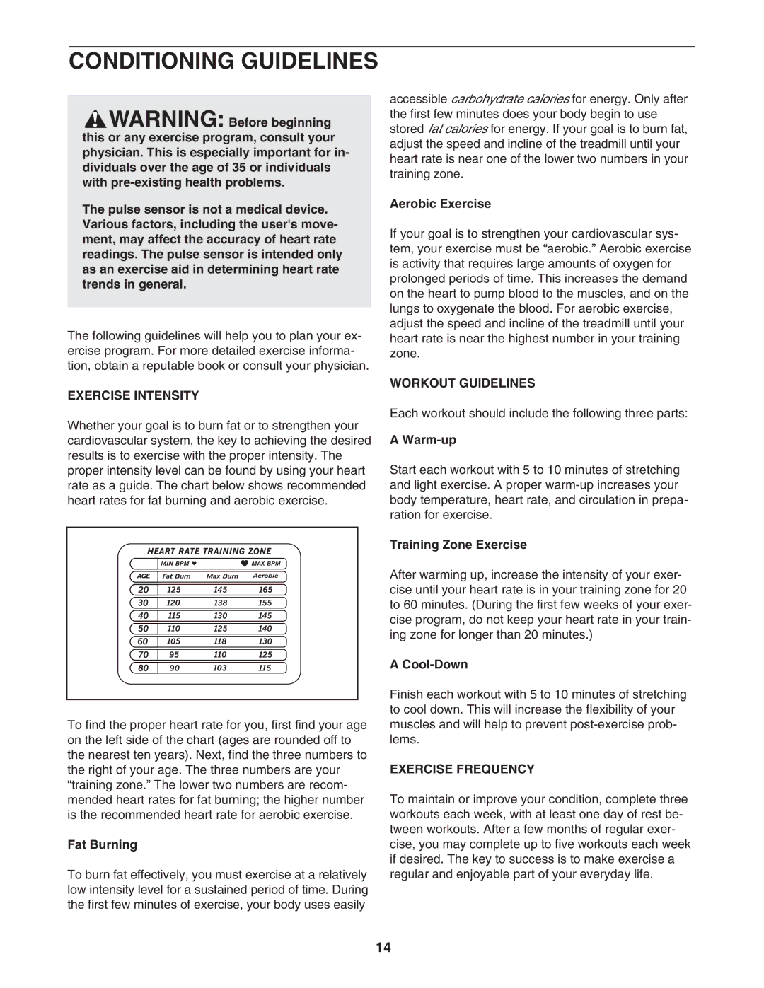 Weslo 215S user manual Conditioning Guidelines, Exercise Intensity, Workout Guidelines, Exercise Frequency 