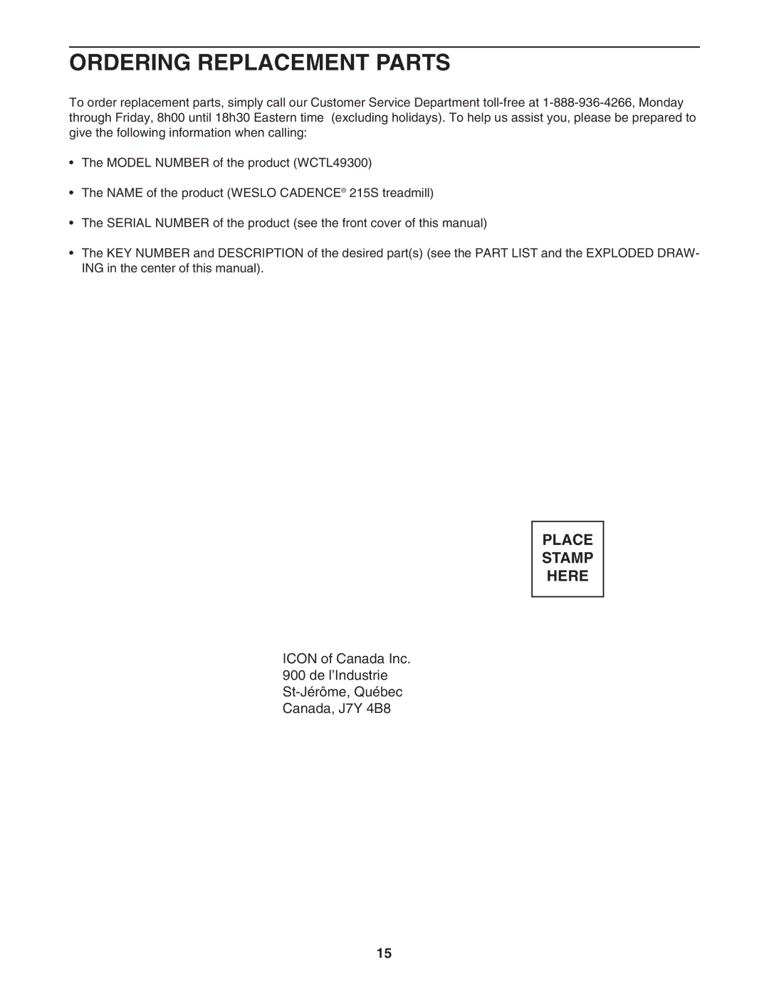 Weslo 215S user manual Ordering Replacement Parts 