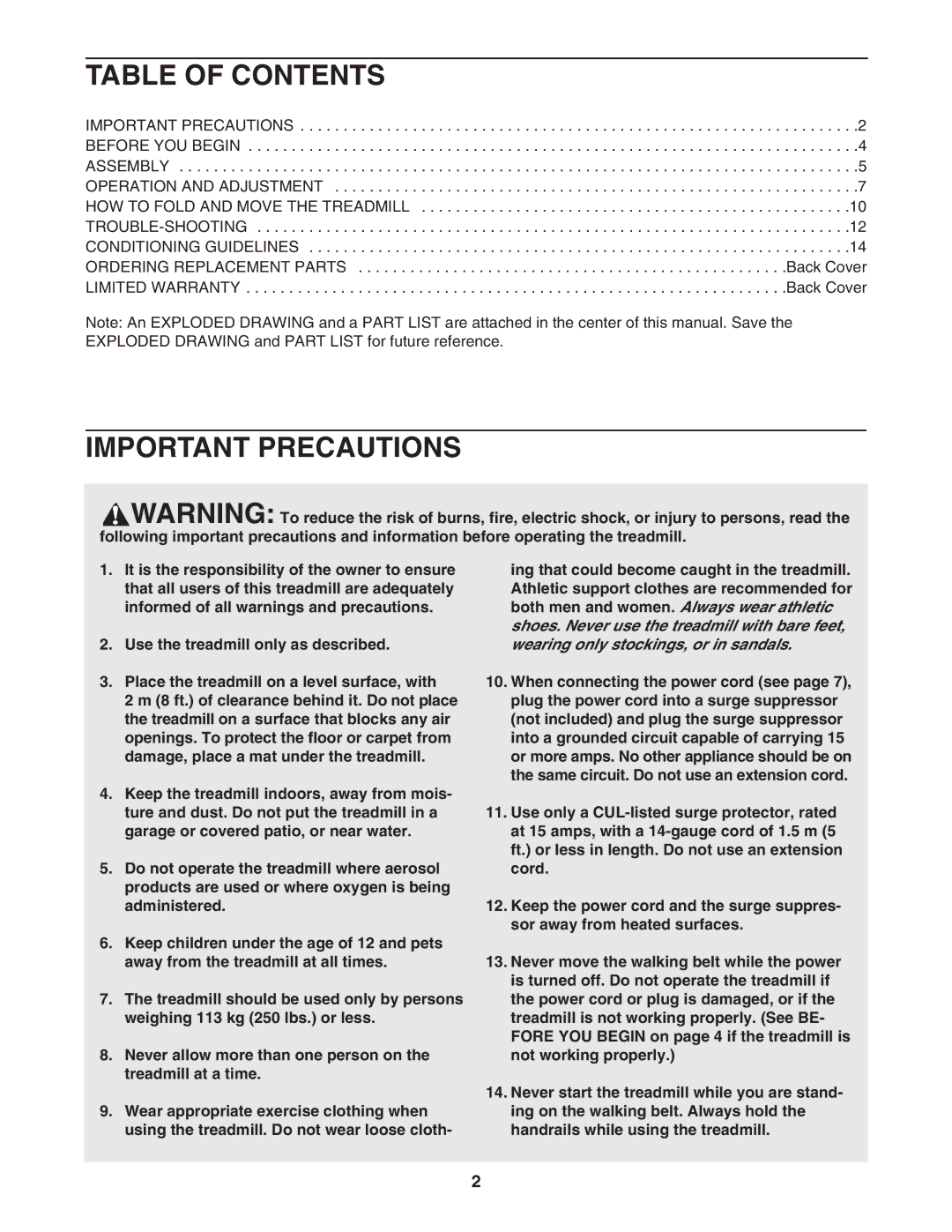 Weslo 215S user manual Table of Contents, Important Precautions 