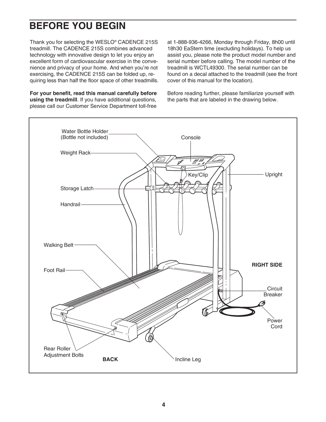 Weslo 215S user manual Before YOU Begin, Right Side, Back 