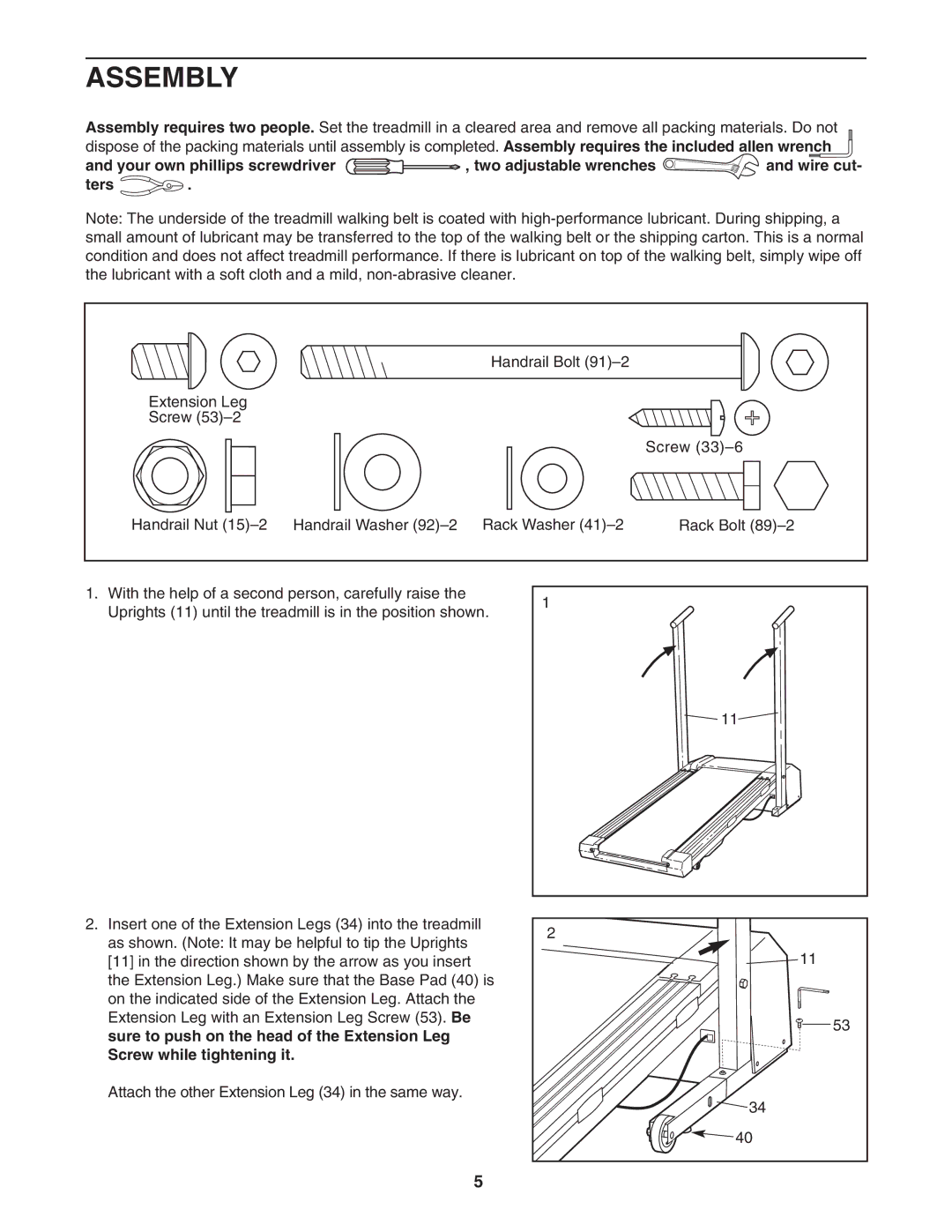 Weslo 215S user manual Assembly, Sure to push on the head of the Extension Leg, Screw while tightening it 