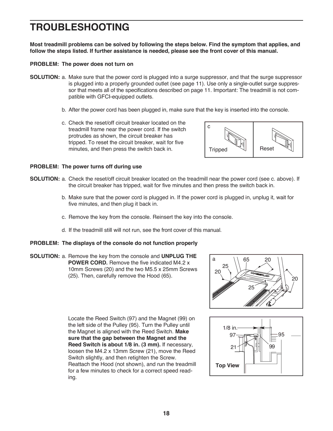 Weslo 30863 Troubleshooting, Problem The power does not turn on, Problem The power turns off during use, Top View 