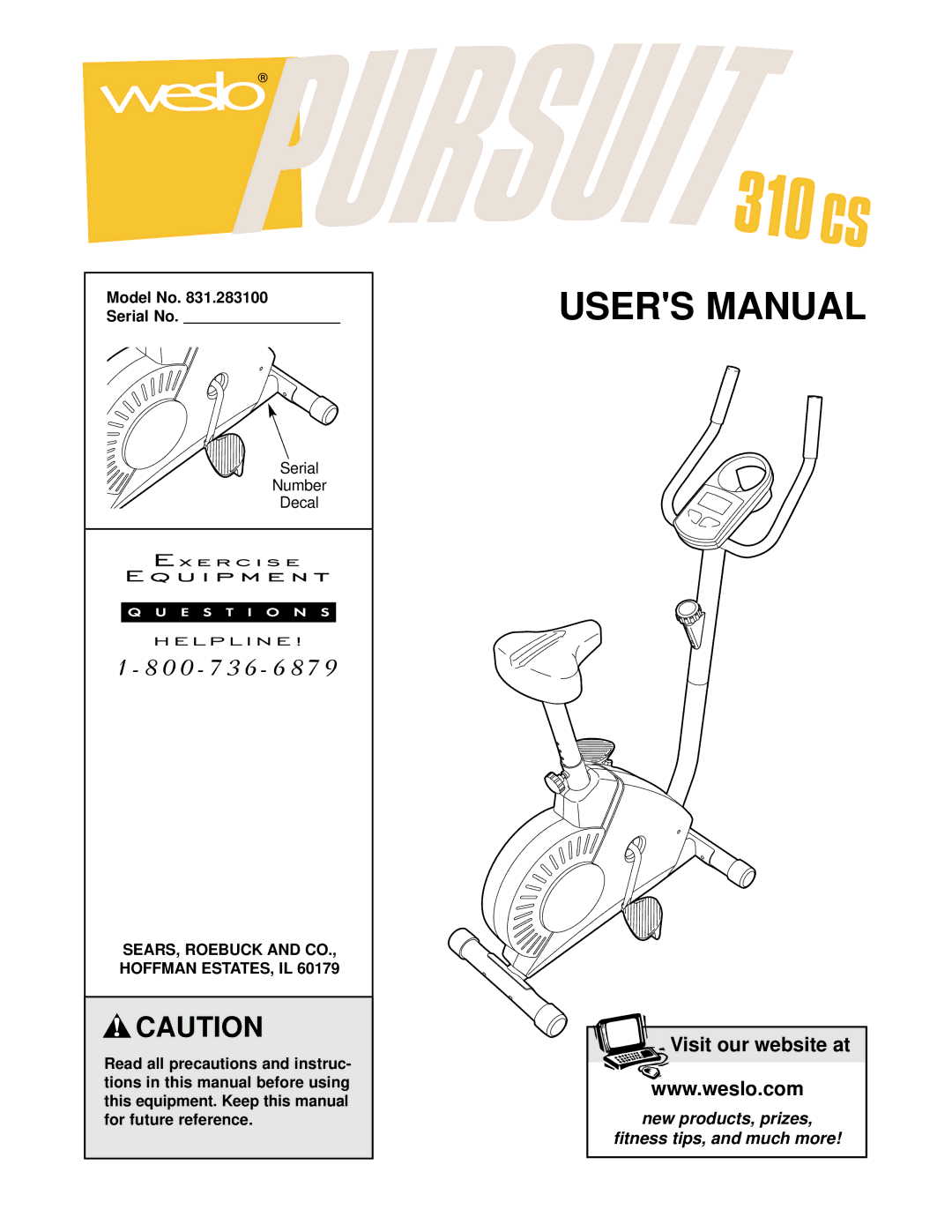 Weslo 310 CS user manual Model No Serial No, Serial Number Decal, SEARS, Roebuck and CO Hoffman ESTATES, IL 