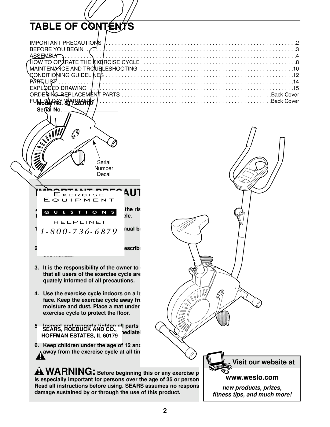 Weslo 310 CS user manual Table of Contents, Important Precautions 