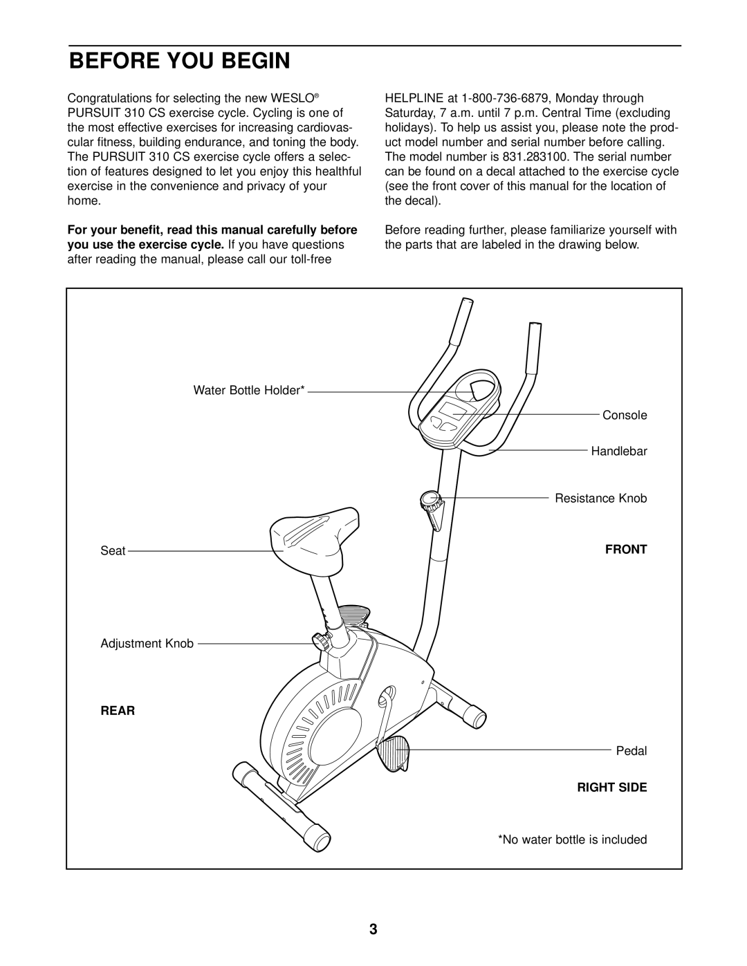 Weslo 310 CS user manual Before YOU Begin, Rear, Right Side 