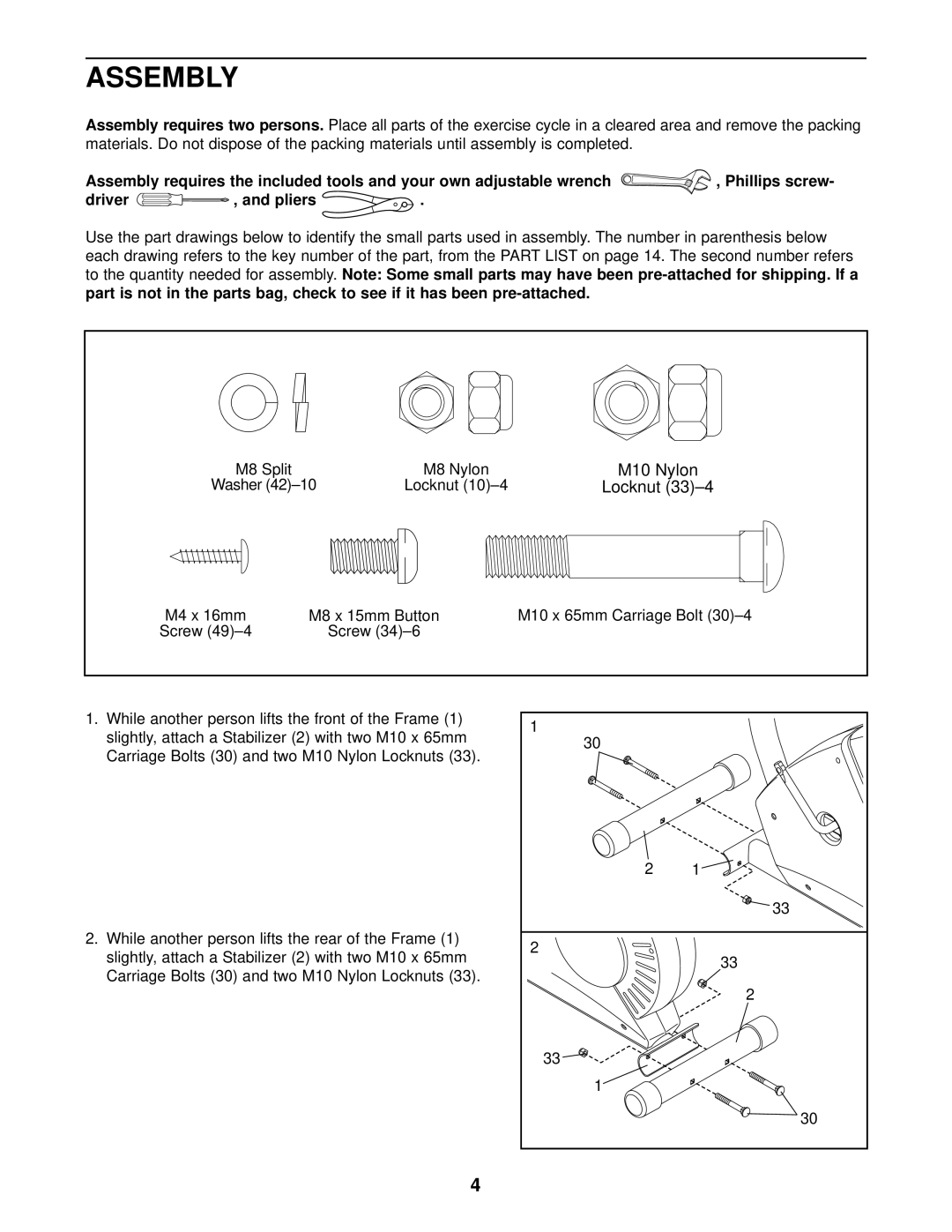 Weslo 310 CS user manual Assembly, Phillips screw, Driver Pliers 