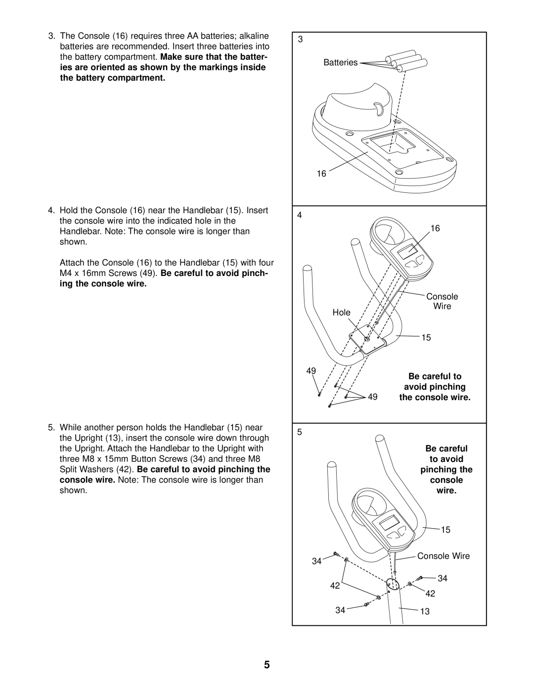 Weslo 310 CS user manual Battery compartment, Split Washers 42. Be careful to avoid pinching, Pinching, Wire 