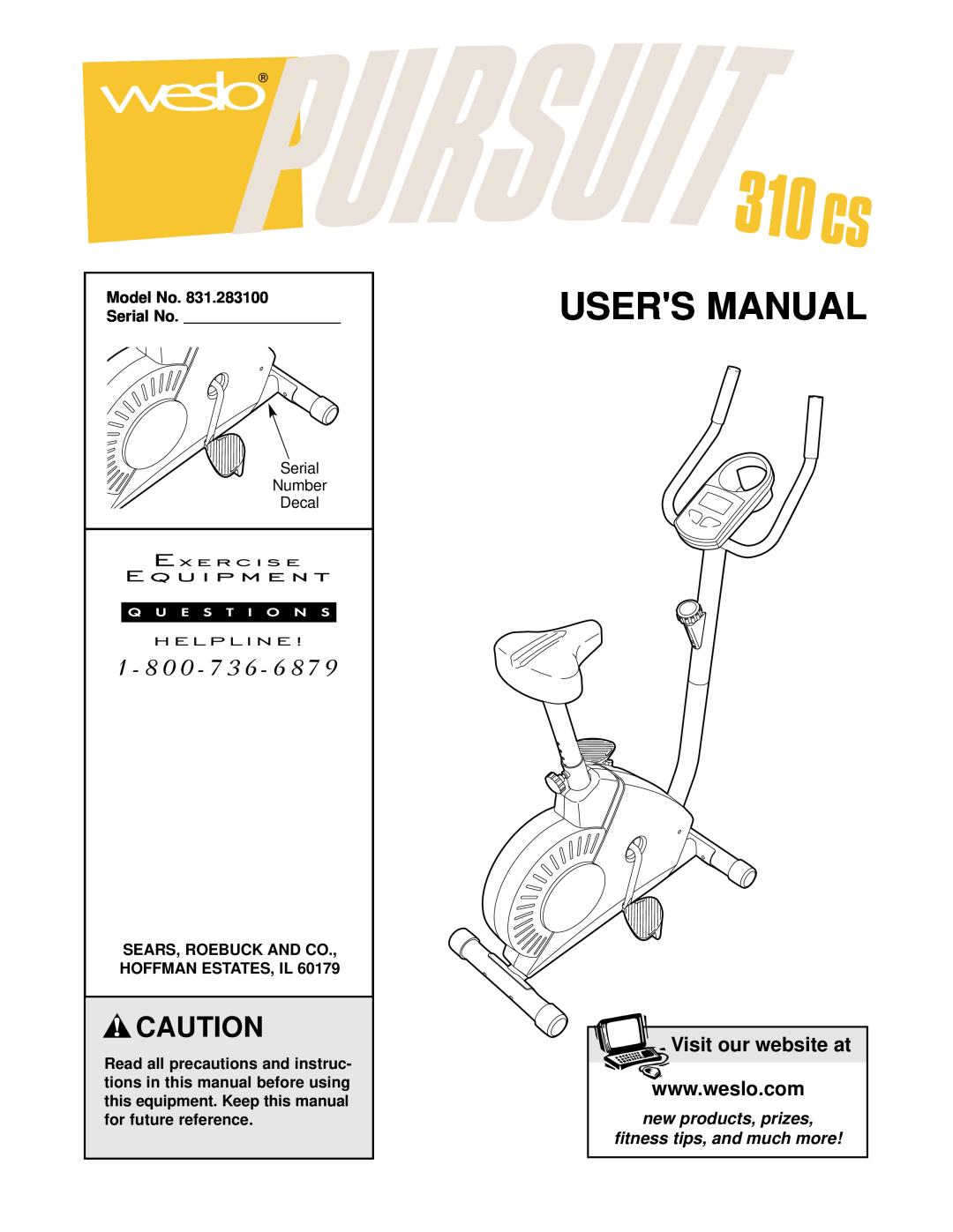 Weslo 310 CS user manual Model No Serial No, Sears, Roebuck And Co Hoffman Estates, Il, Users Manual, Visit our website at 