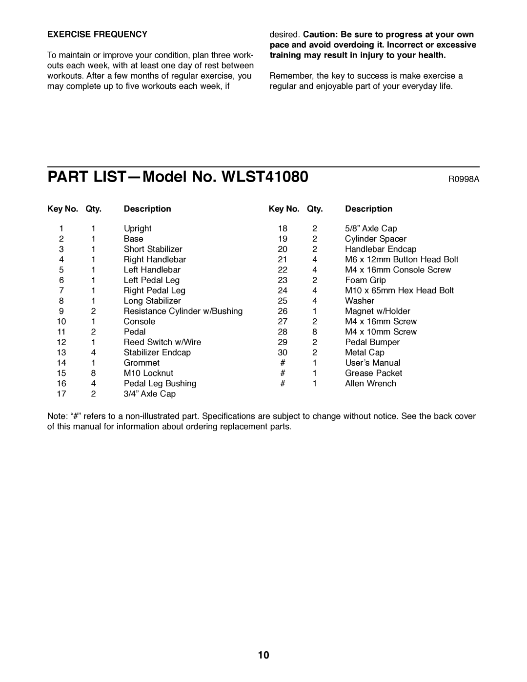 Weslo 450T manual Exercise Frequency, Qty Description 