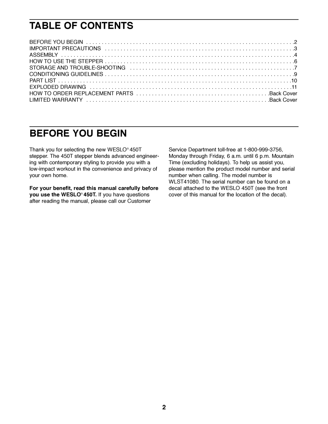 Weslo 450T manual Table of Contents, Before YOU Begin 