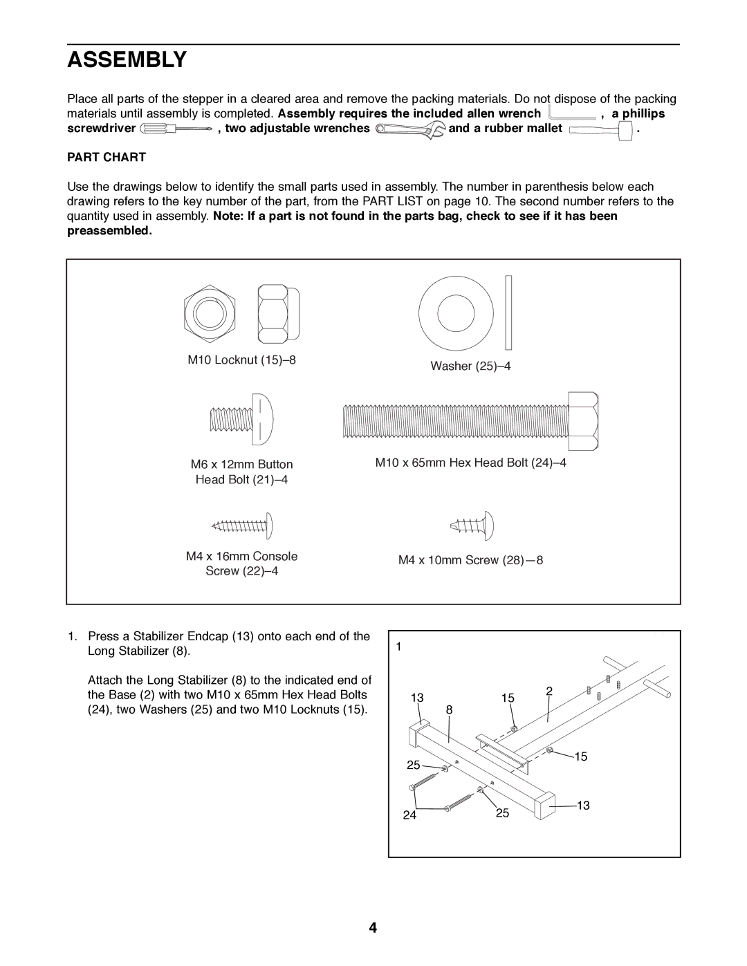 Weslo 450T manual Assembly, Part Chart 