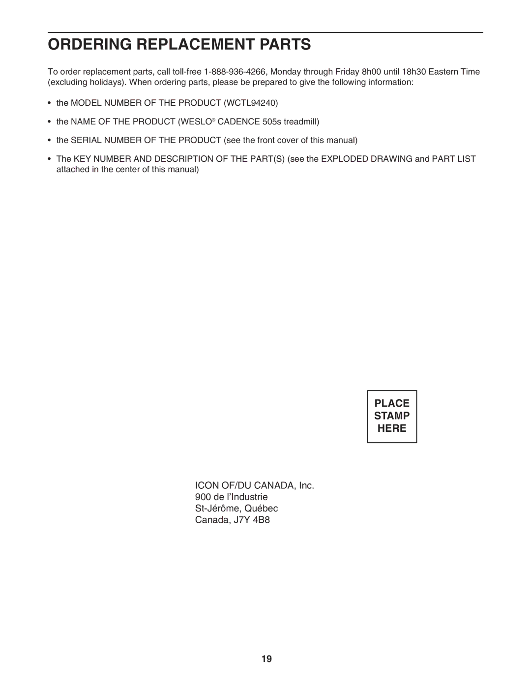 Weslo 505S user manual Ordering Replacement Parts 