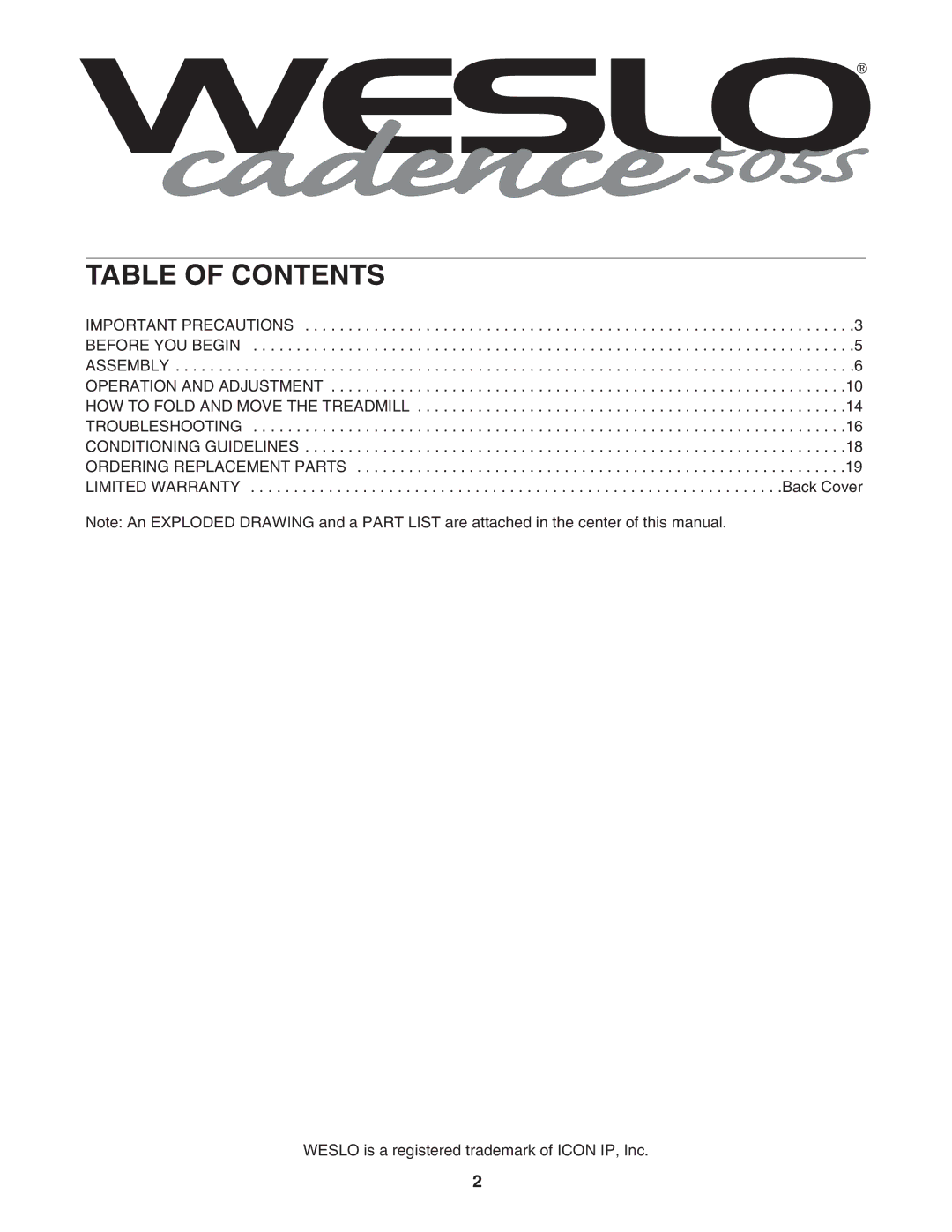 Weslo 505S user manual Table of Contents 