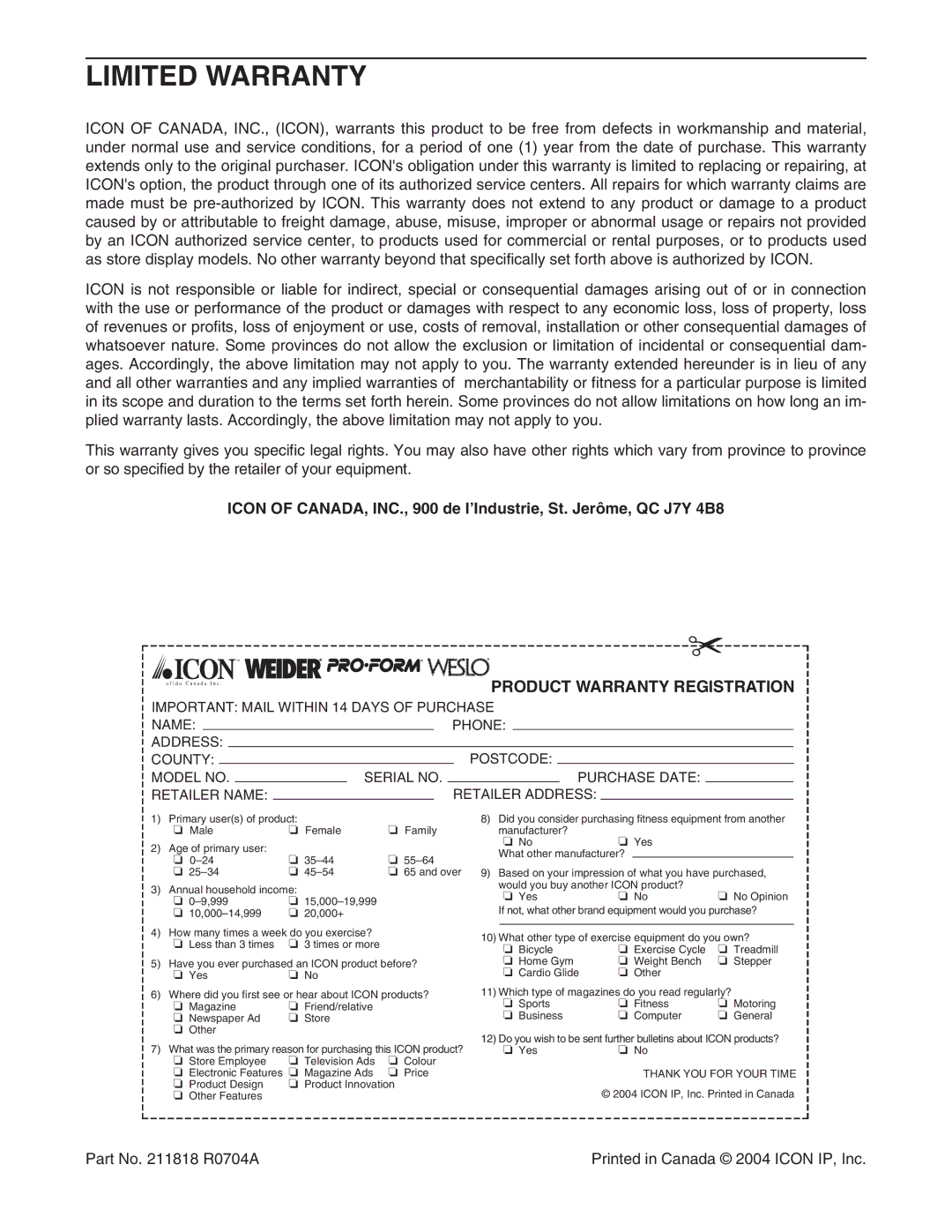 Weslo 505S user manual Limited Warranty, Product Warranty Registration 