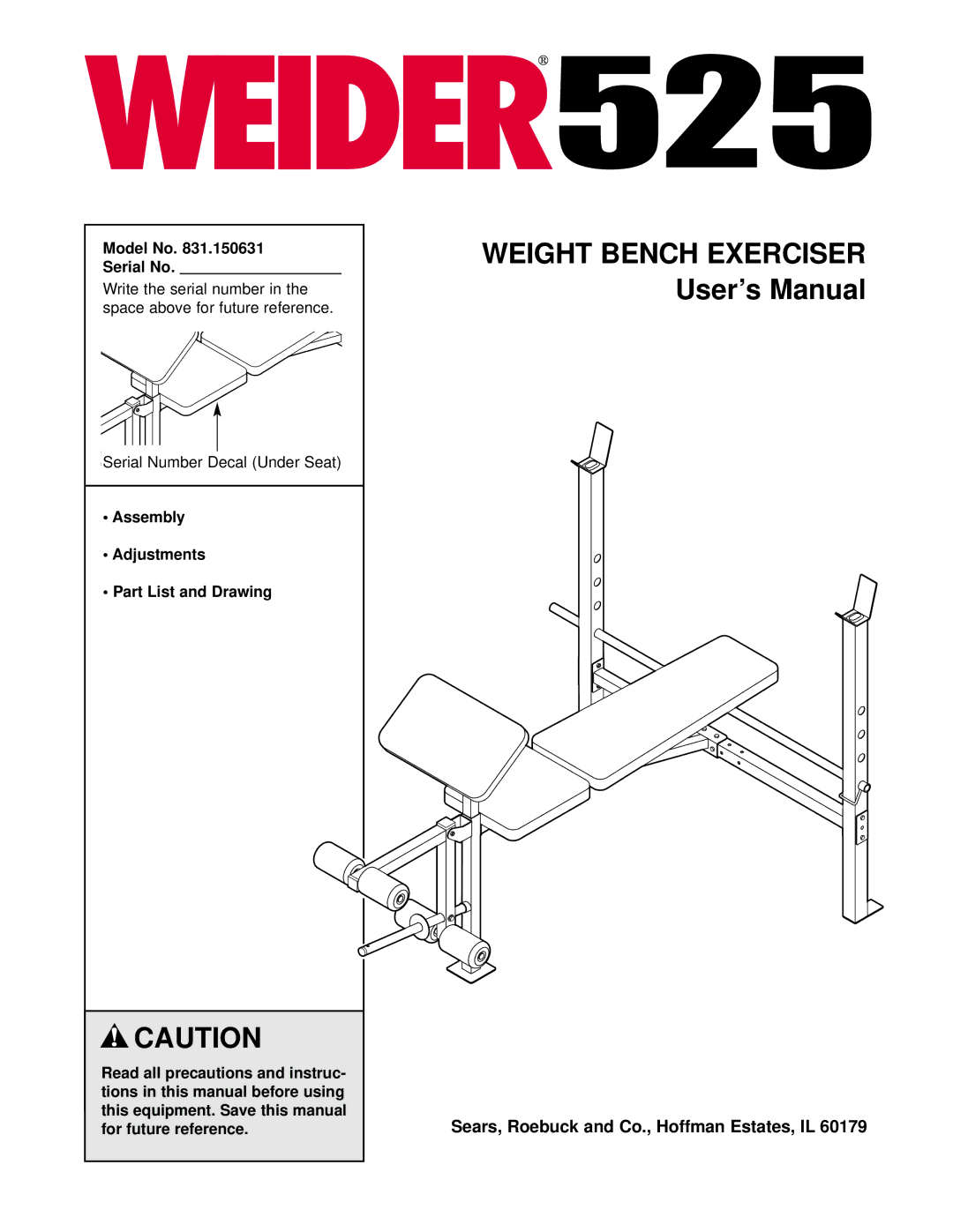 Weslo 525 user manual Model No Serial No 