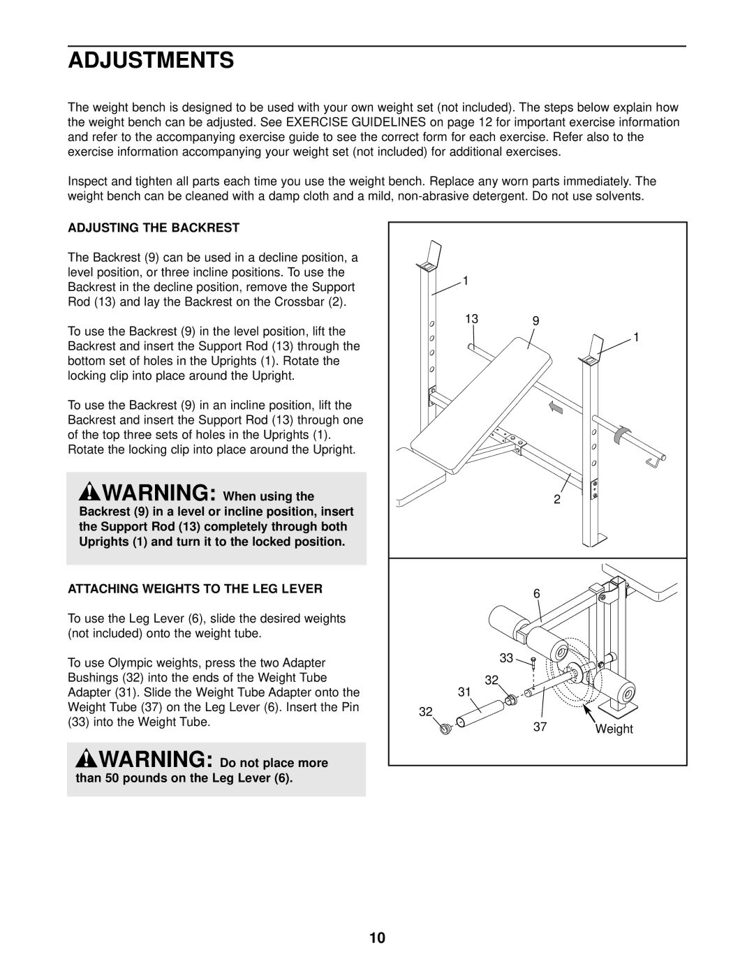 Weslo 525 user manual Adjustments, Adjusting the Backrest, Attaching Weights to the LEG Lever 