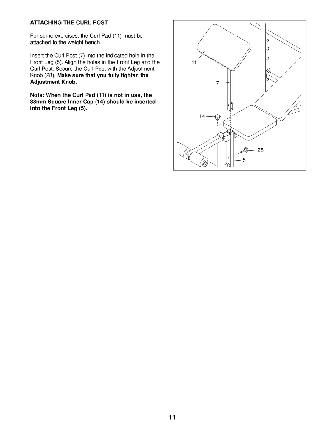 Weslo 525 user manual Attaching the Curl Post, Adjustment Knob 