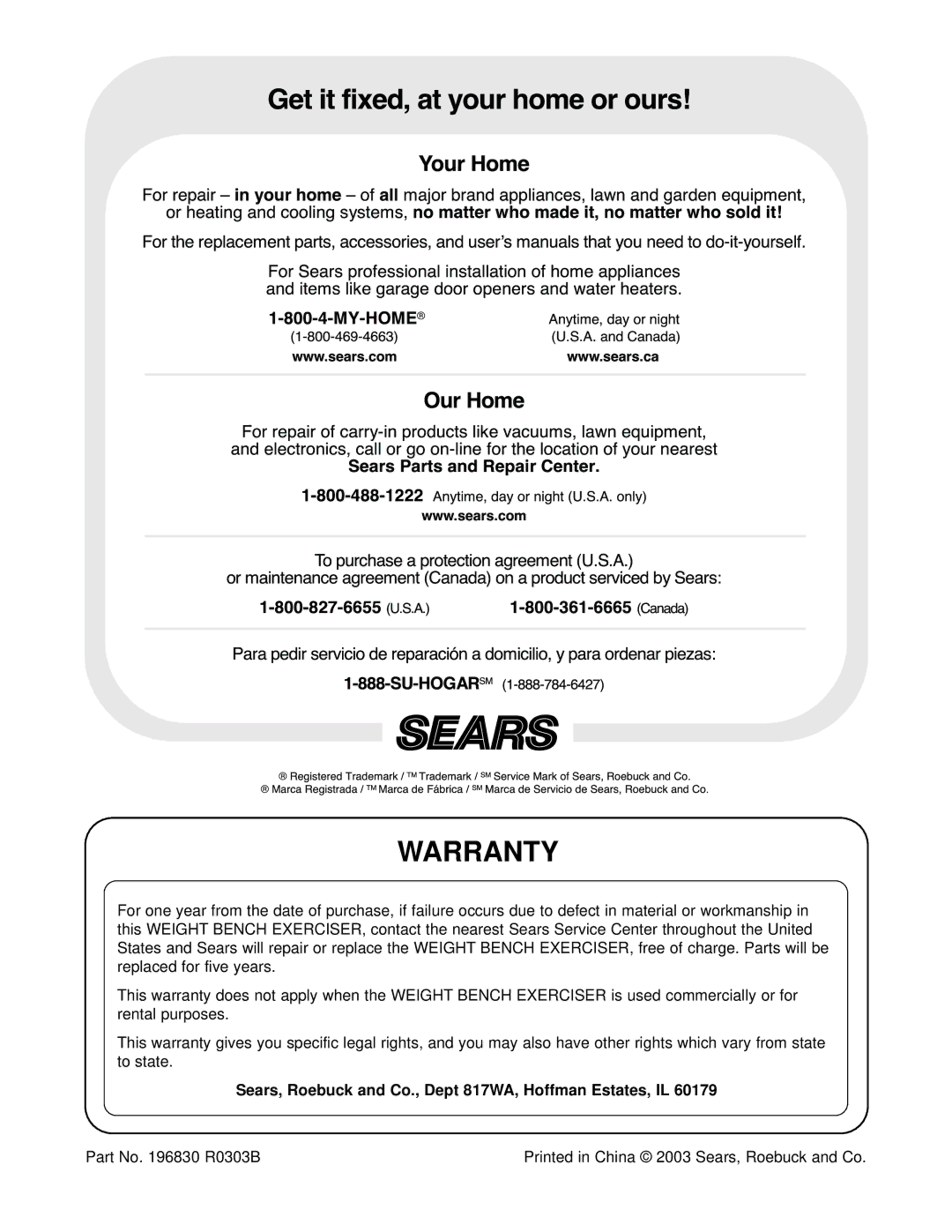 Weslo 525 user manual Warranty, Sears, Roebuck and Co., Dept 817WA, Hoffman Estates, IL 