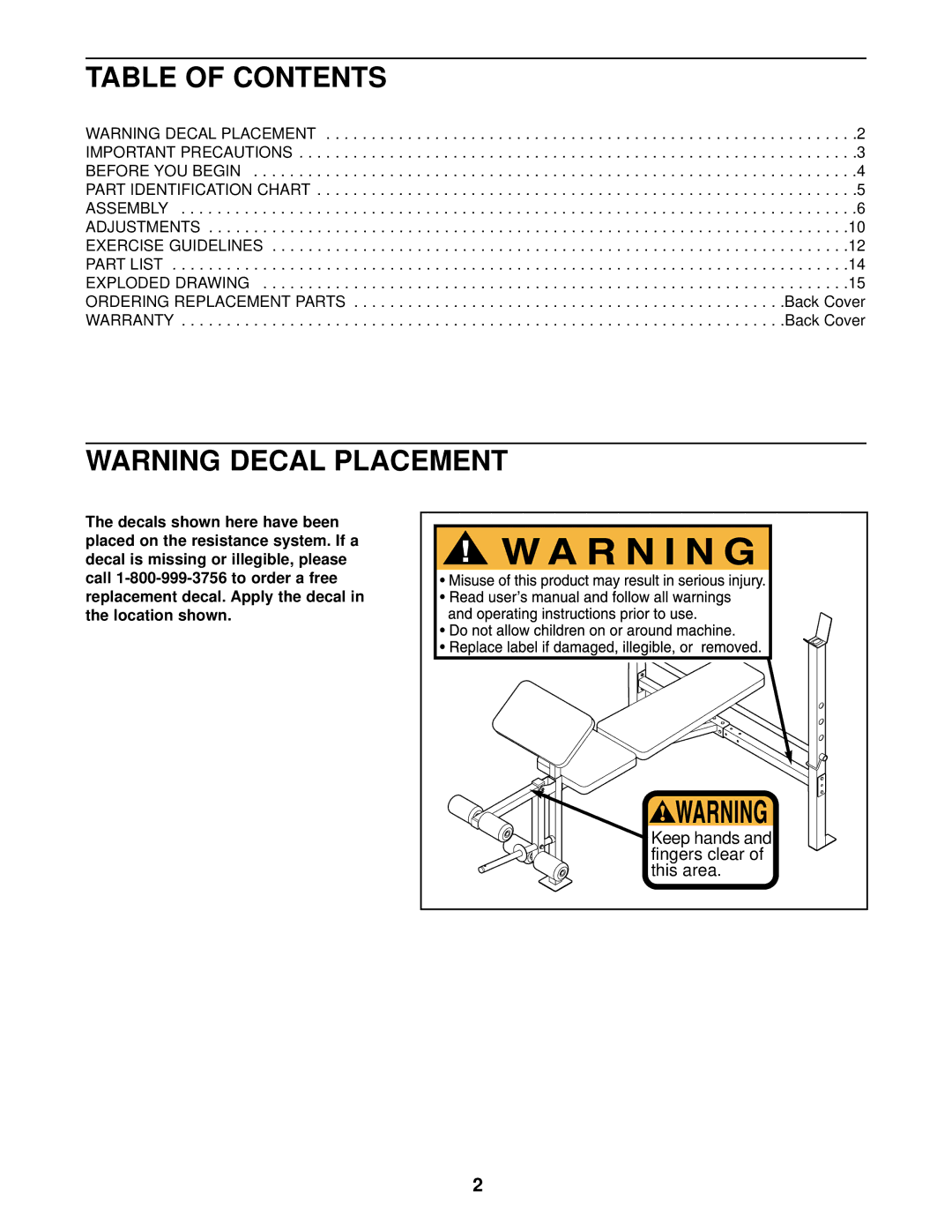 Weslo 525 user manual Table of Contents 