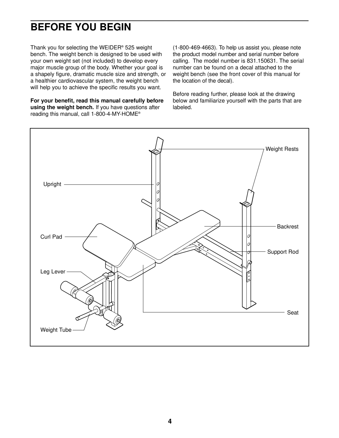 Weslo 525 user manual Before YOU Begin 