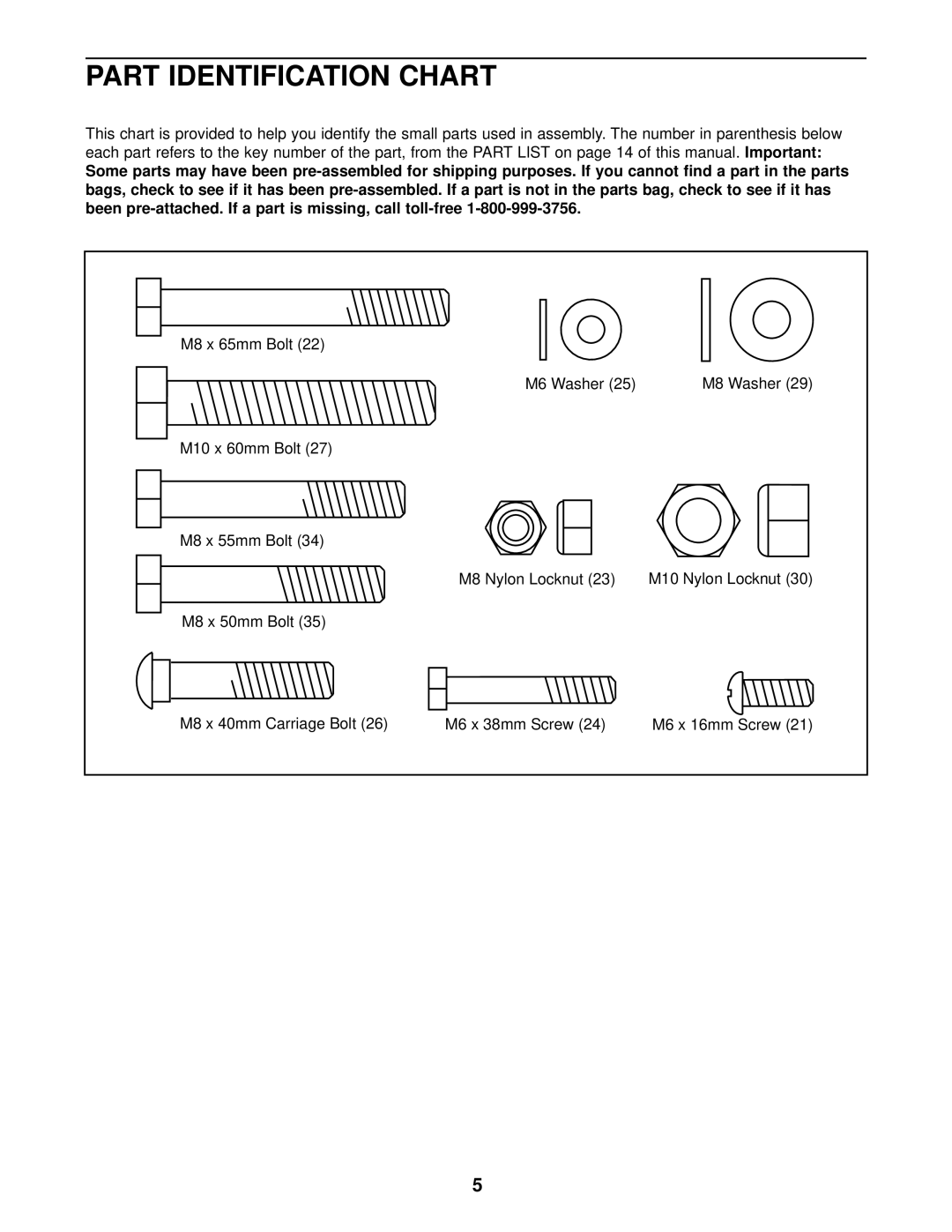 Weslo 525 user manual Part Identification Chart 