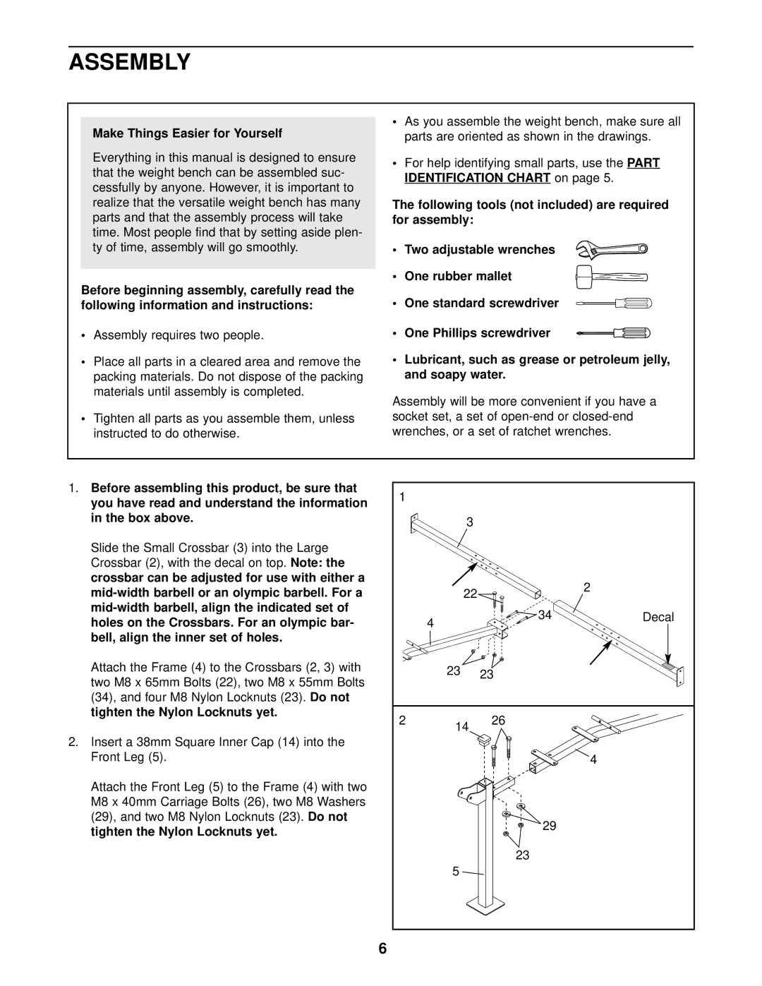 Weslo 525 user manual Assembly, Make Things Easier for Yourself 