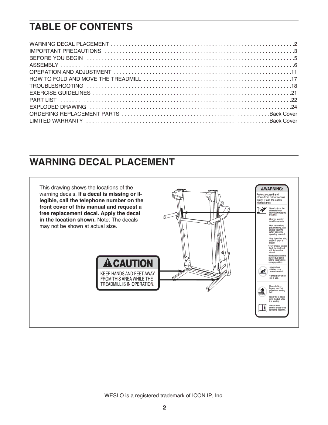 Weslo 7.9 warranty Table of Contents 