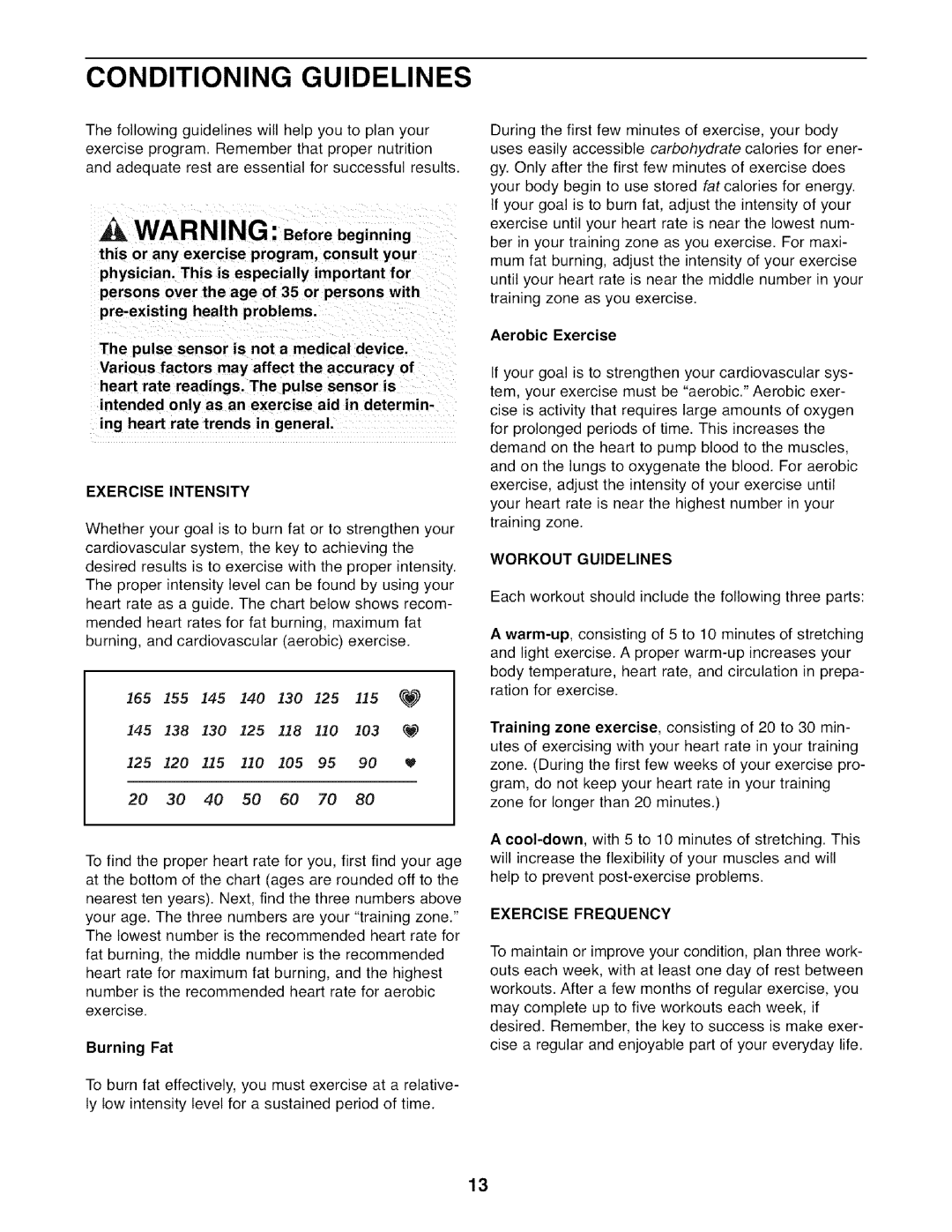 Weslo 831,21611,0 user manual Conditioning Guidelines, Exercise Intensity, Burning Fat, Aerobic Exercise 