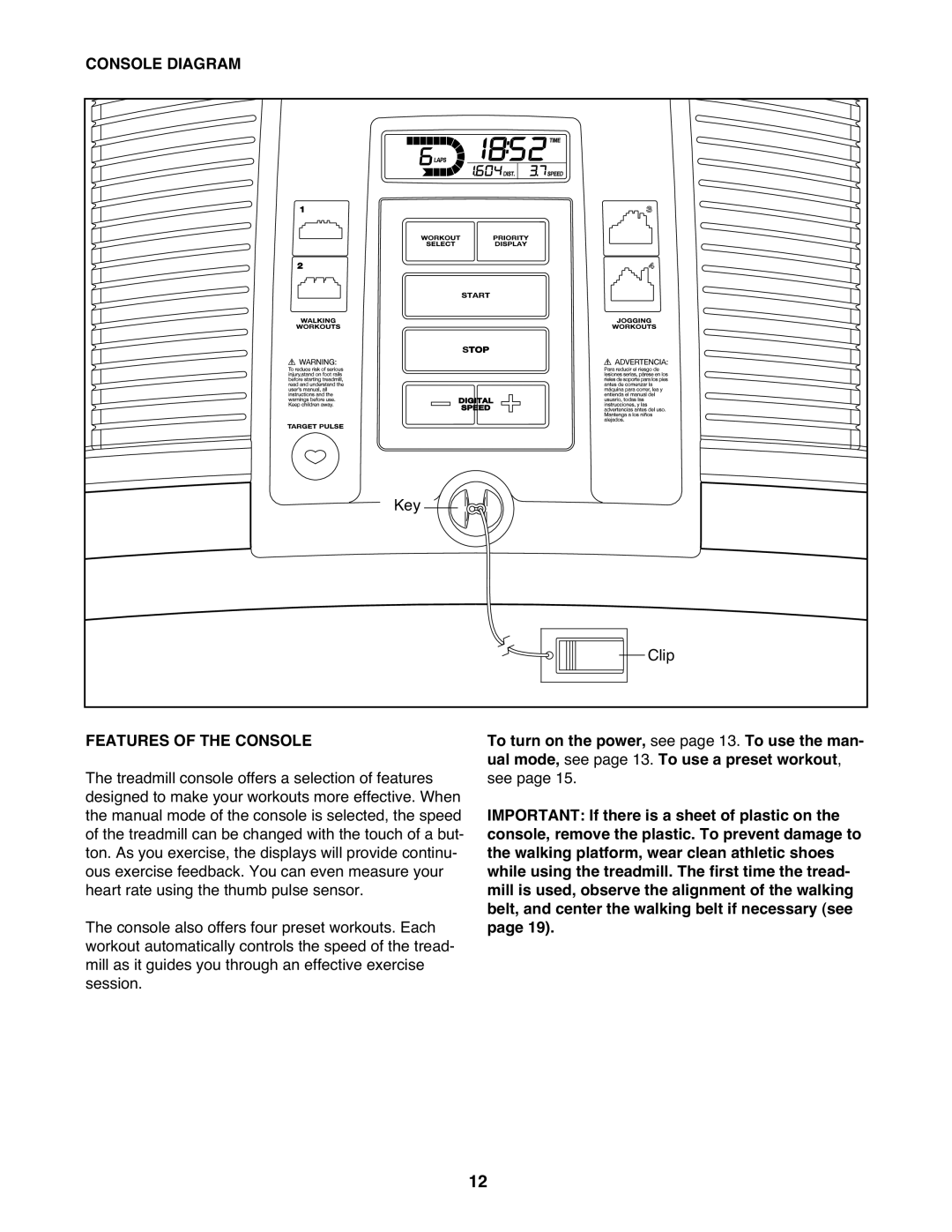 Weslo 831.24822.0 manual Console Diagram, Features of the Console 