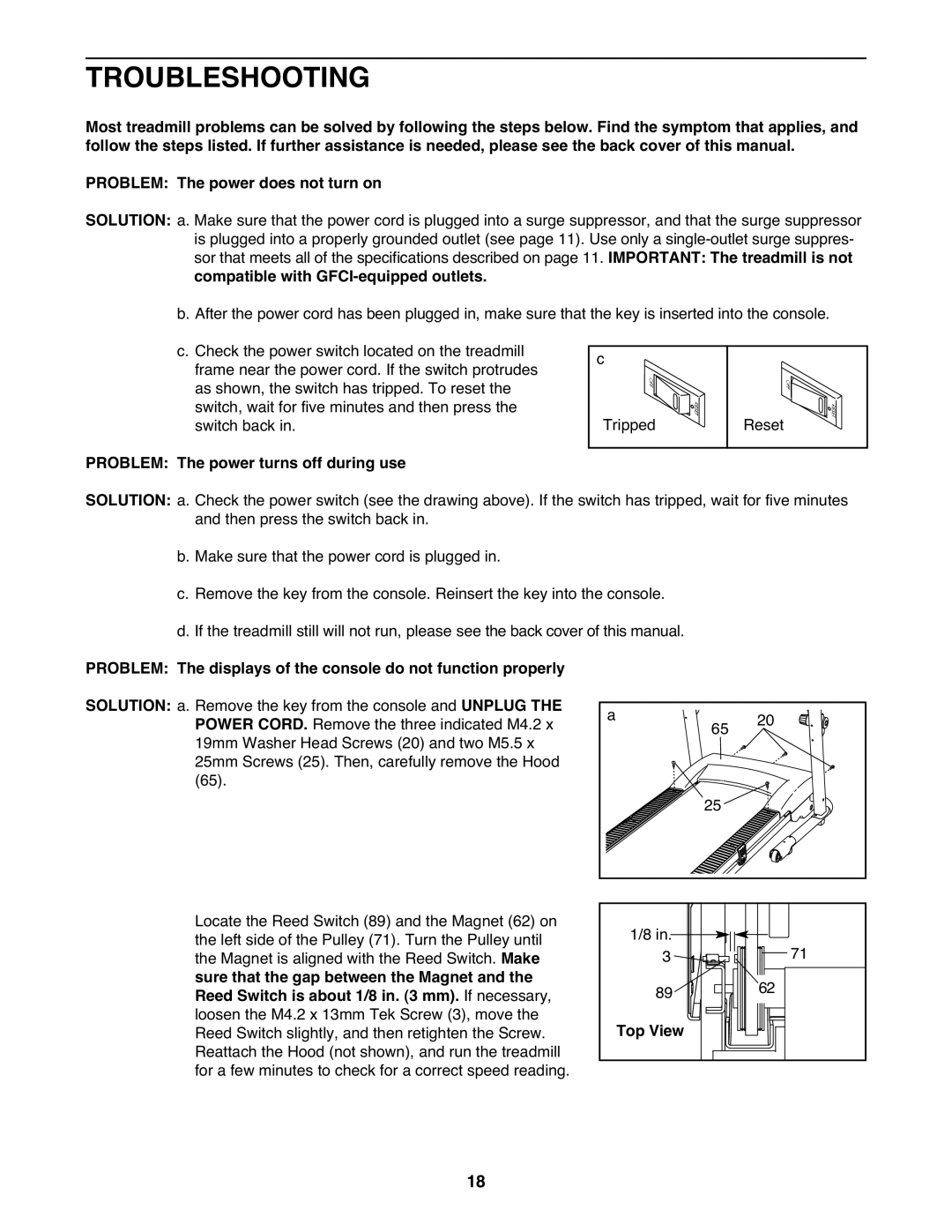 Weslo 831.24822.0 manual Troubleshooting, Compatible with GFCI-equipped outlets, Problem The power turns off during use 