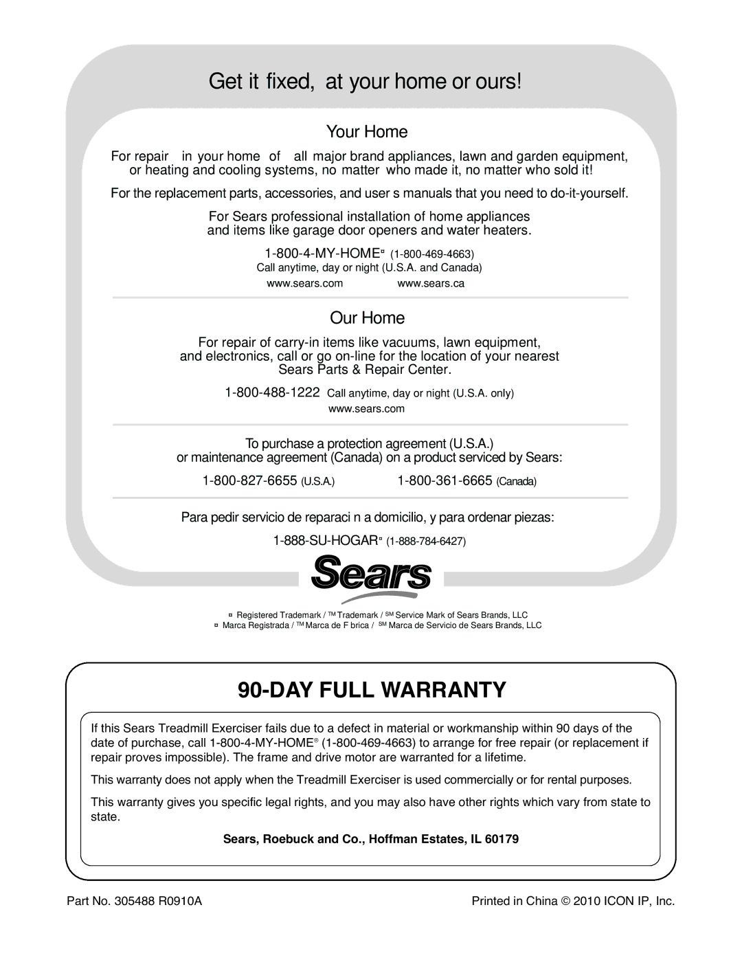 Weslo 831.24822.0 manual DAY Full Warranty, Sears, Roebuck and Co., Hoffman Estates, IL 