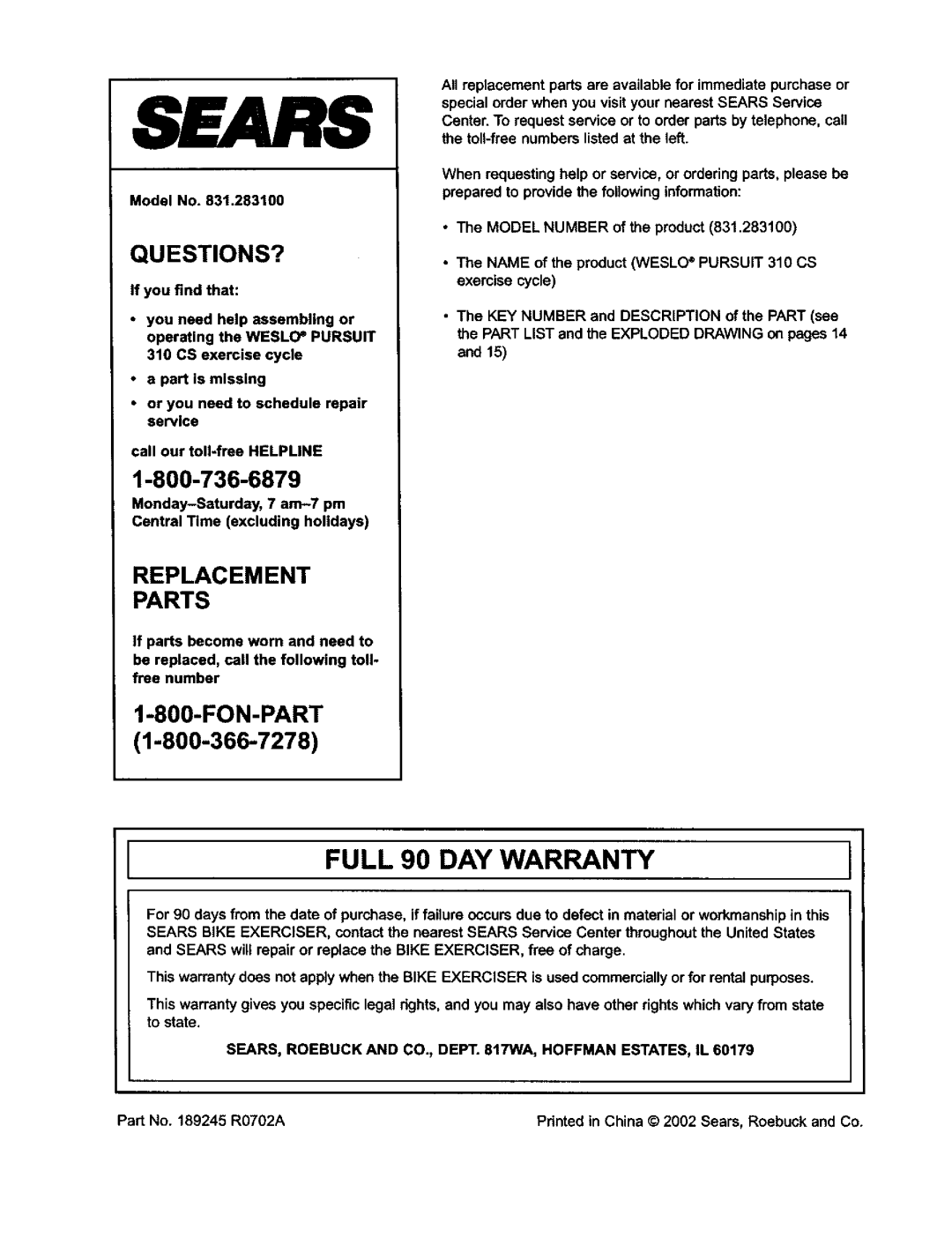 Weslo 831.2831 user manual Full 90 DAY Warranty, SEARS, Roebuck and CO., Dept WA, Hoffman ESTATES, IL 