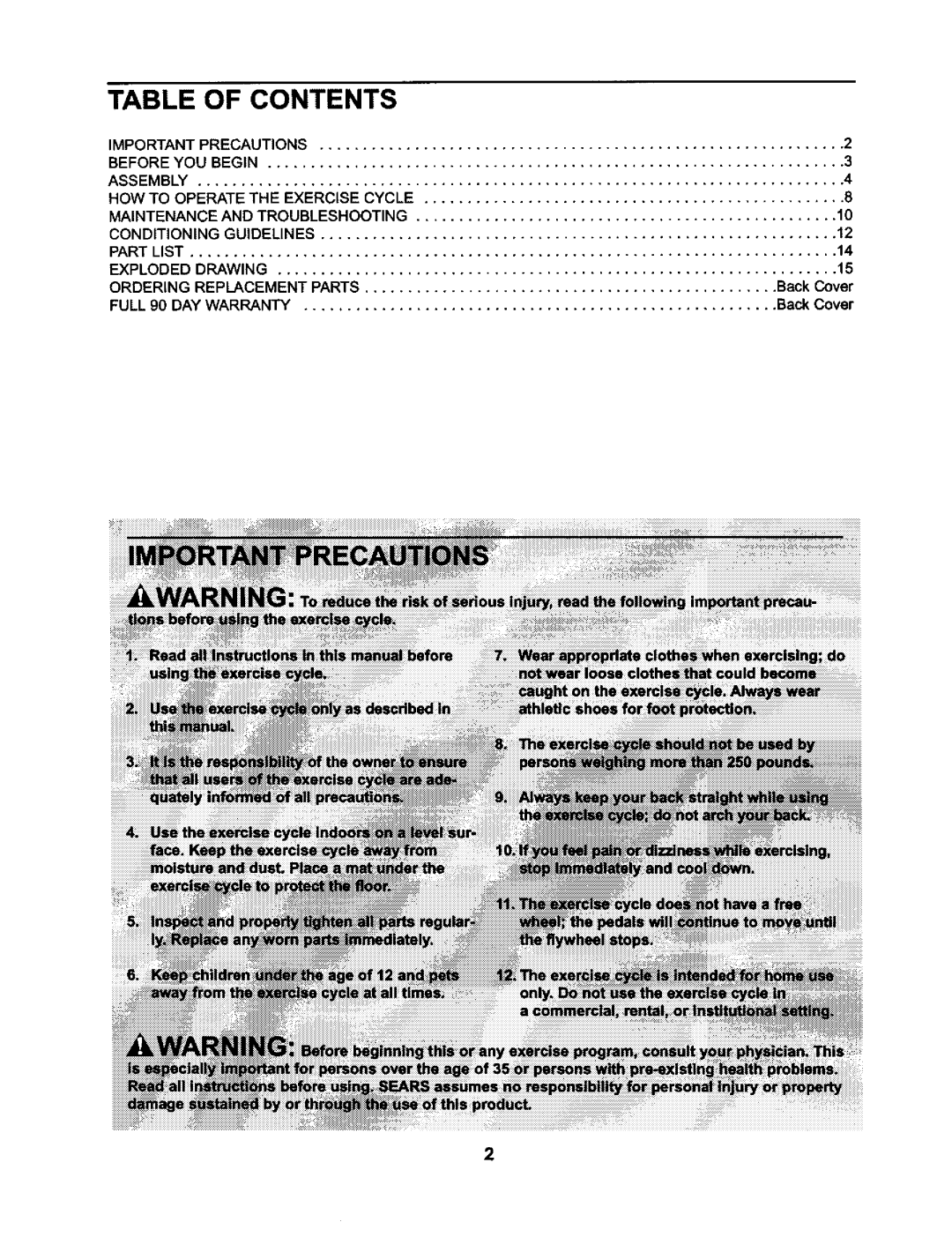 Weslo 831.2831 user manual Table of Contents 