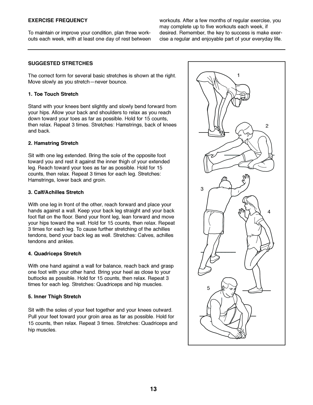 Weslo 831.283160 user manual Exercise Frequency, Suggested Stretches 