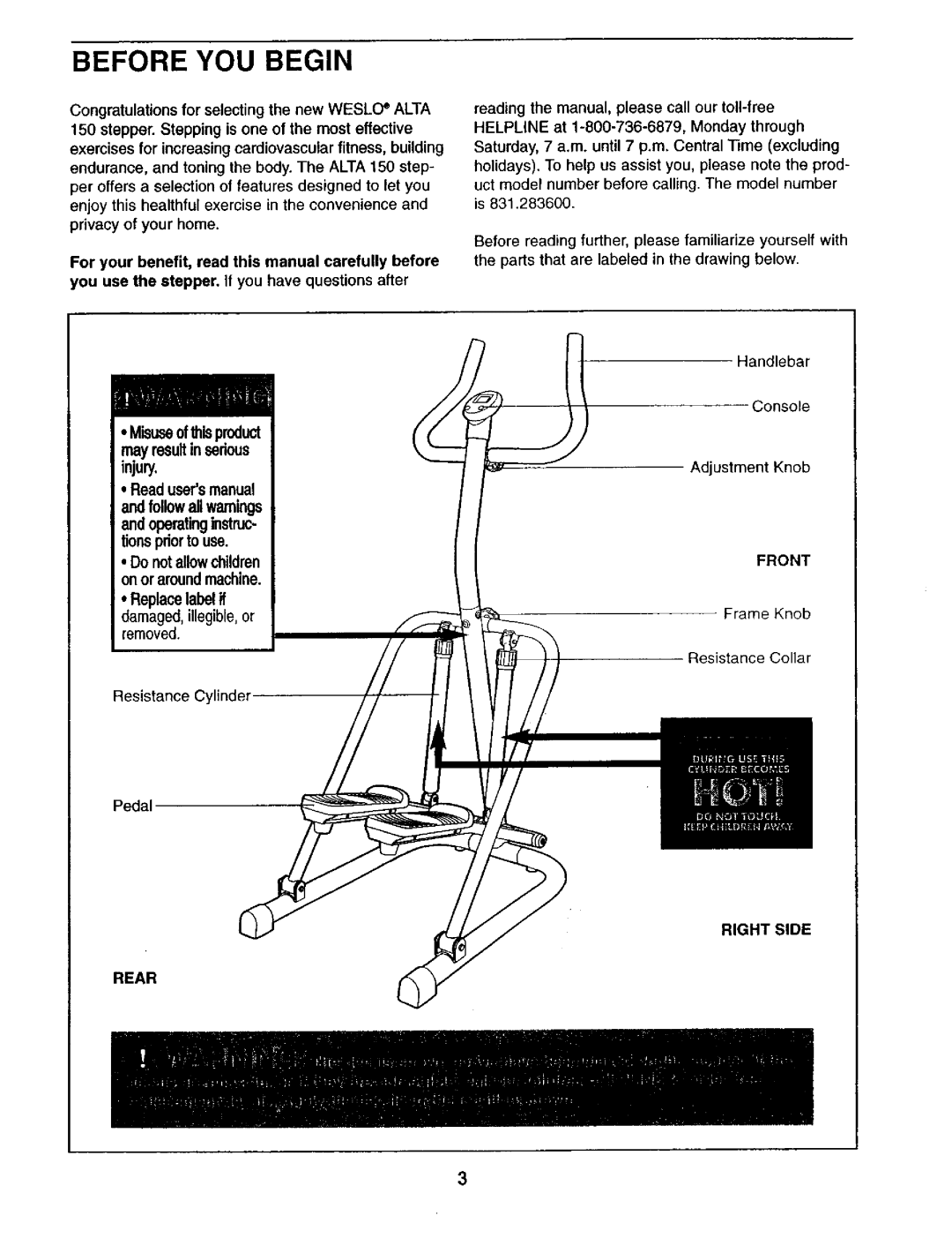 Weslo 831.2836 user manual Before YOU Begin, Rear, Right Side 