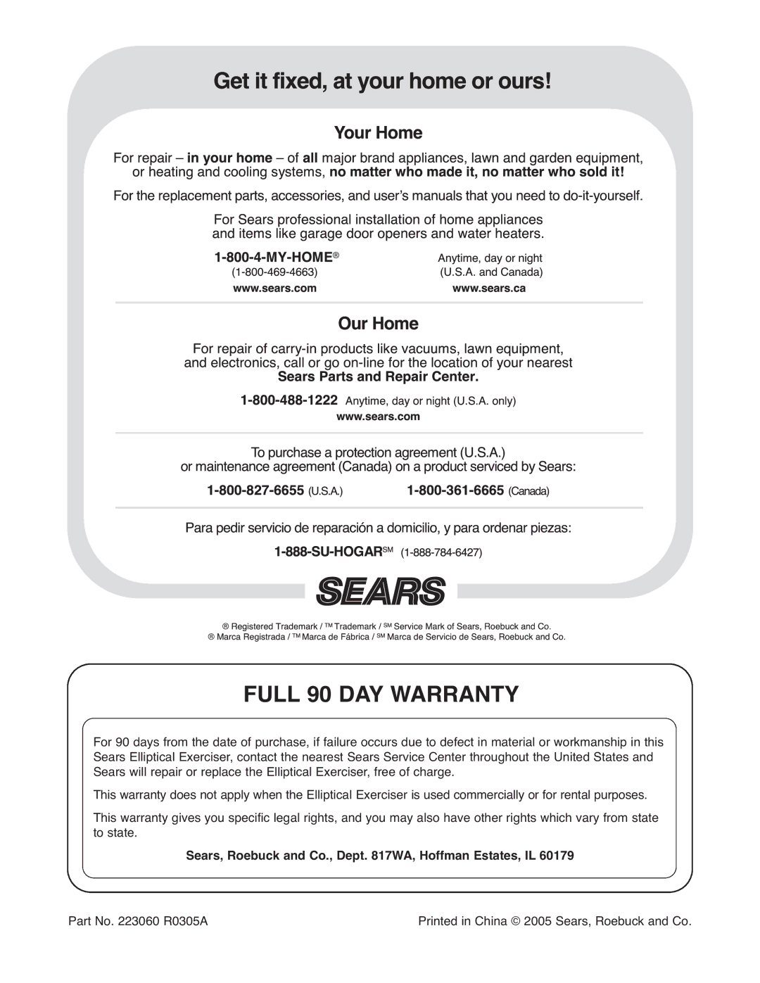 Weslo 831.28540.0 user manual Full 90 DAY Warranty, Sears, Roebuck and Co., Dept WA, Hoffman Estates, IL 