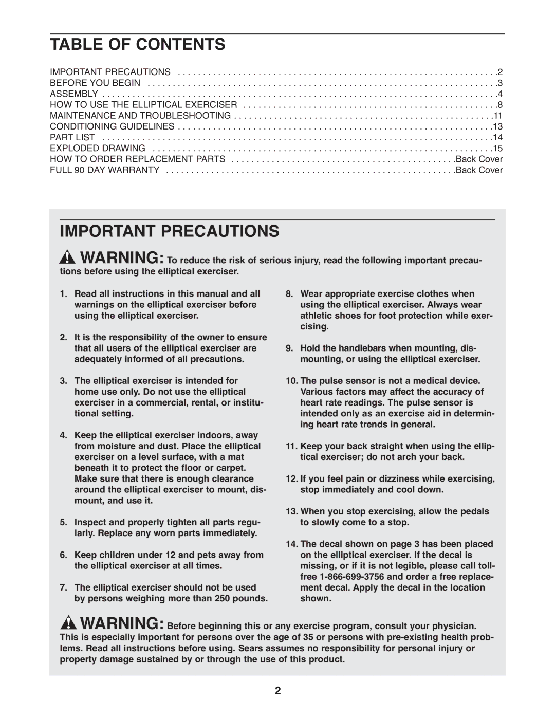 Weslo 831.28540.0 user manual Table of Contents, Important Precautions 