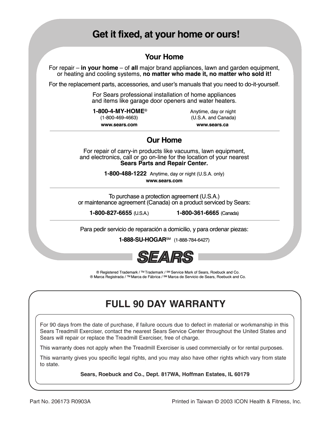 Weslo 831.291030 user manual Full 90 DAY Warranty, Sears, Roebuck and Co., Dept WA, Hoffman Estates, IL 