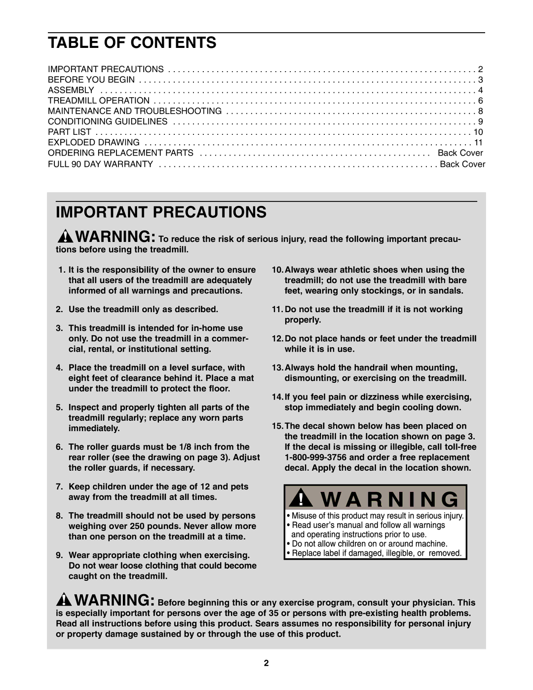 Weslo 831.291030 user manual Table of Contents, Important Precautions 